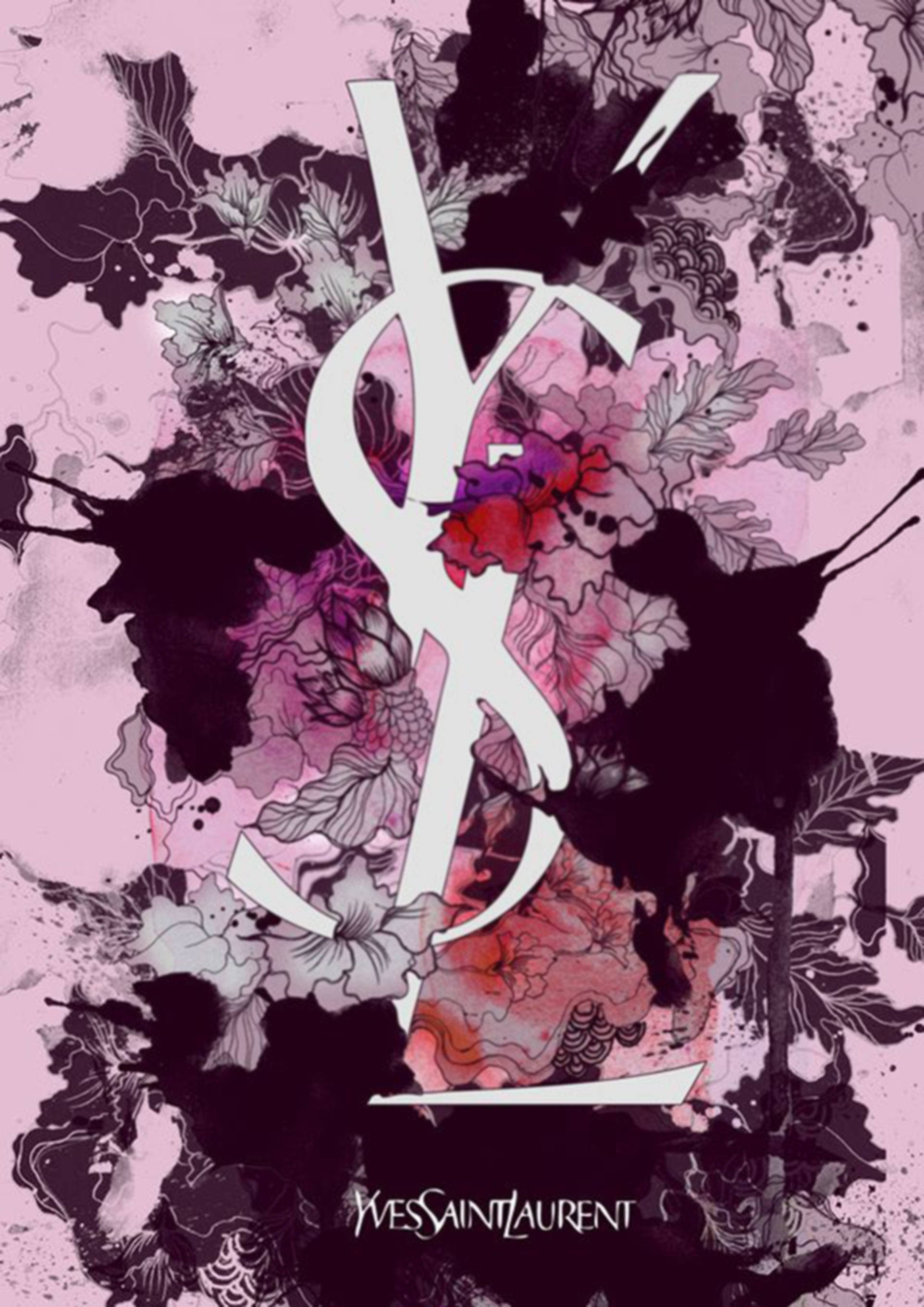 YSL, white YSL logo, vibrant pink and black floral ink splatter, 2K Phone Wallpaper