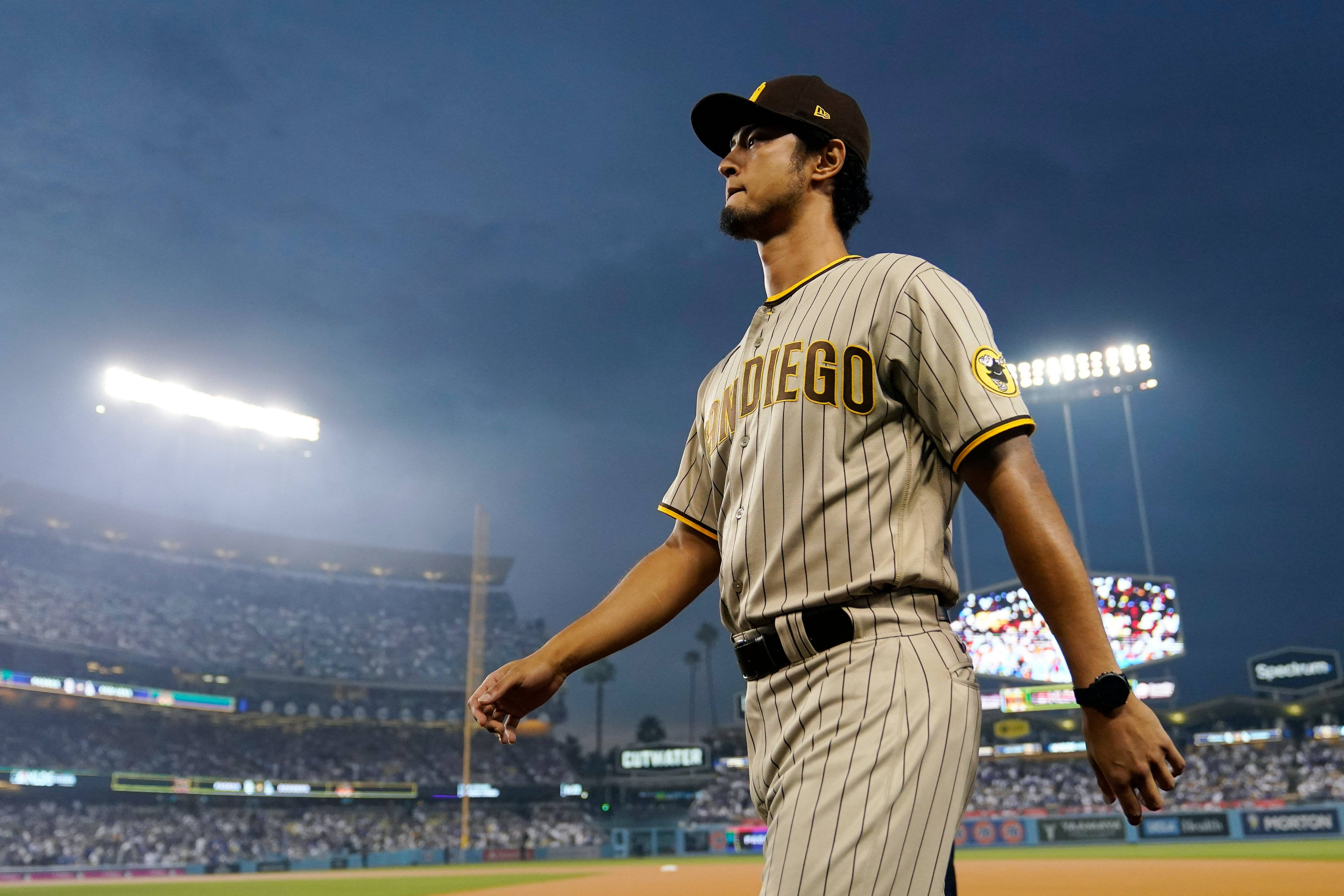 Yu Darvish, pinstripe uniform, lit field, 4K Desktop Wallpaper