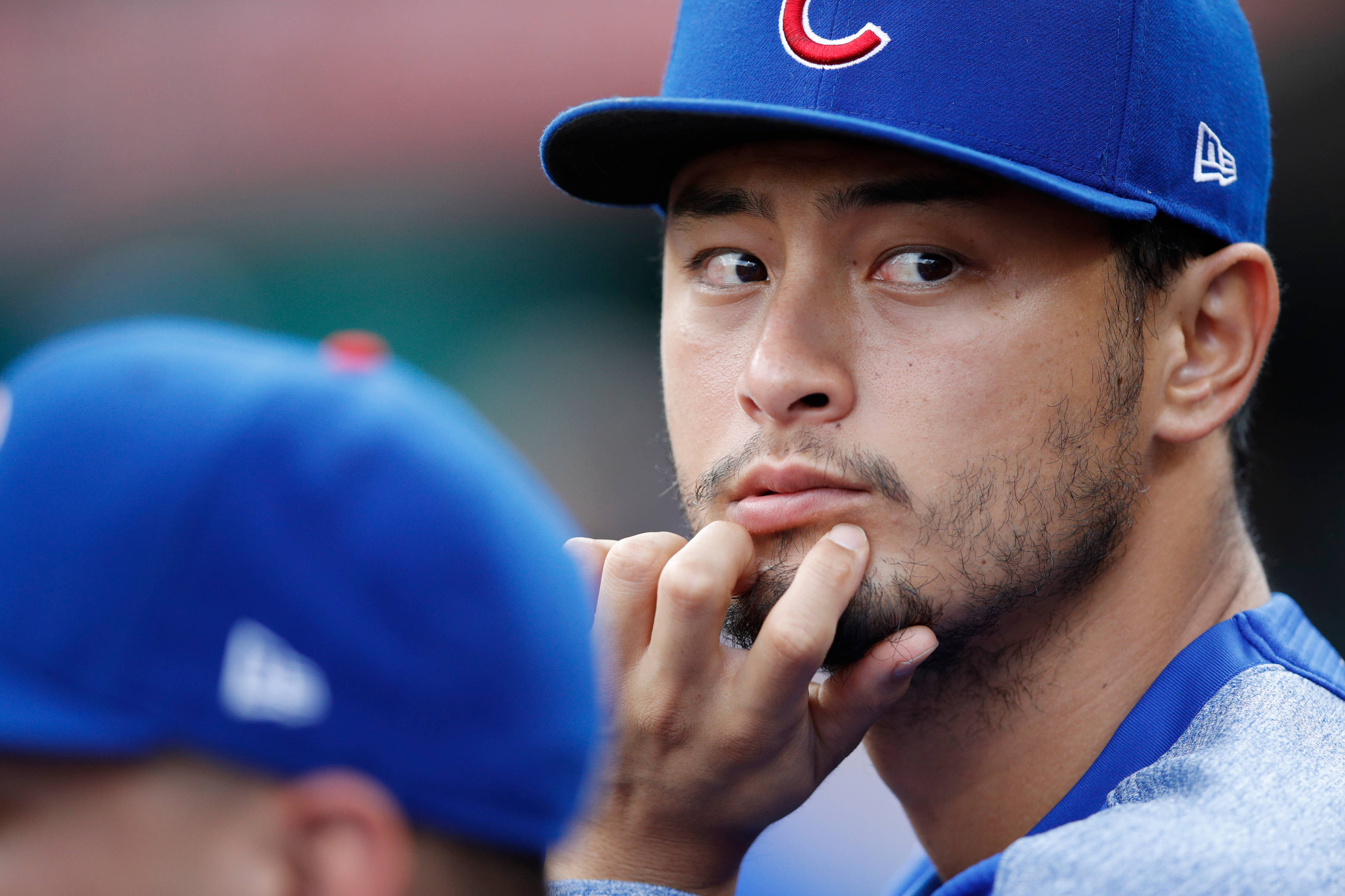 Yu Darvish, blue Cubs cap, stares intently, 2K Desktop Wallpaper