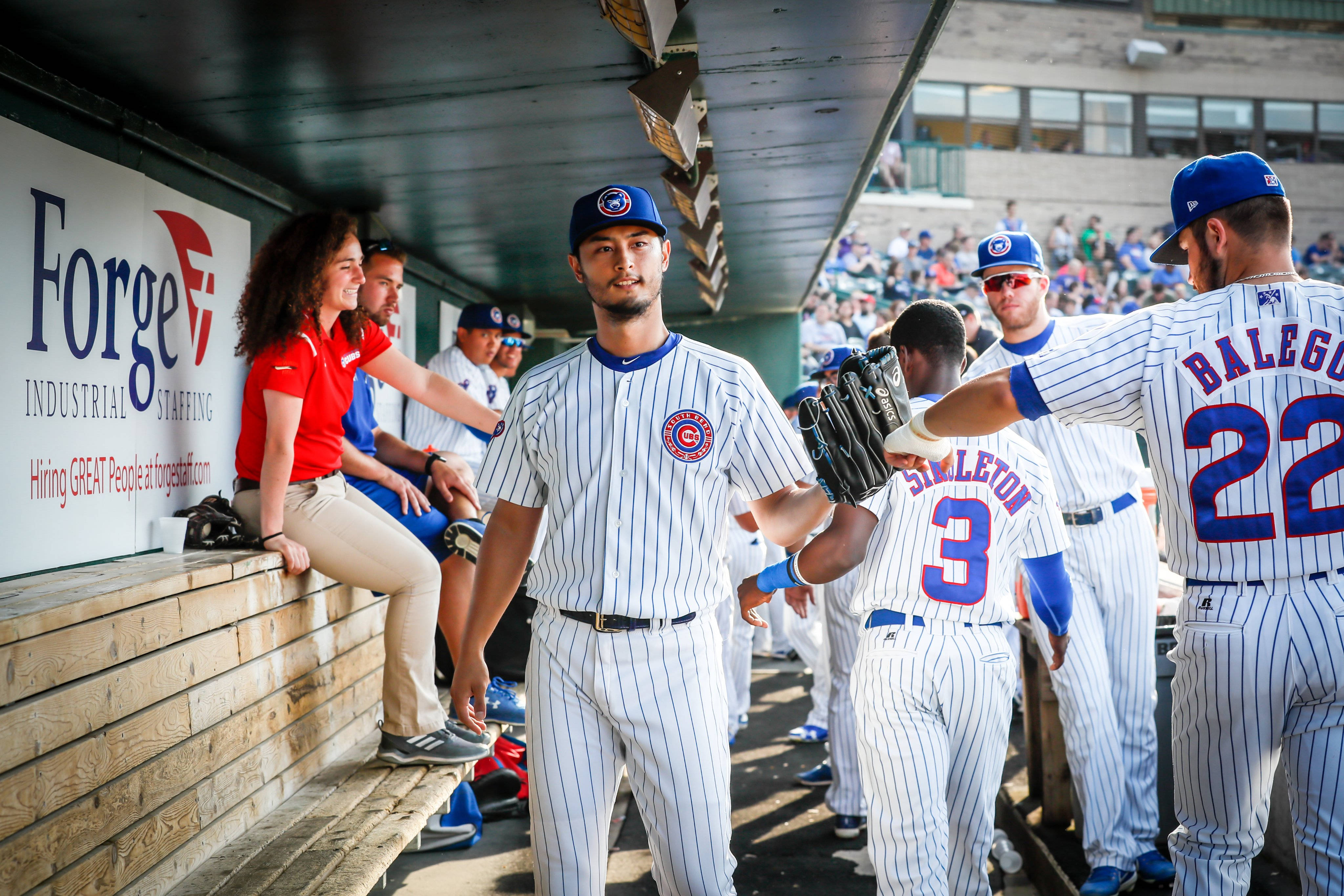 Yu Darvish, pinstripe uniforms, sunlit dugout, 4K Desktop Wallpaper