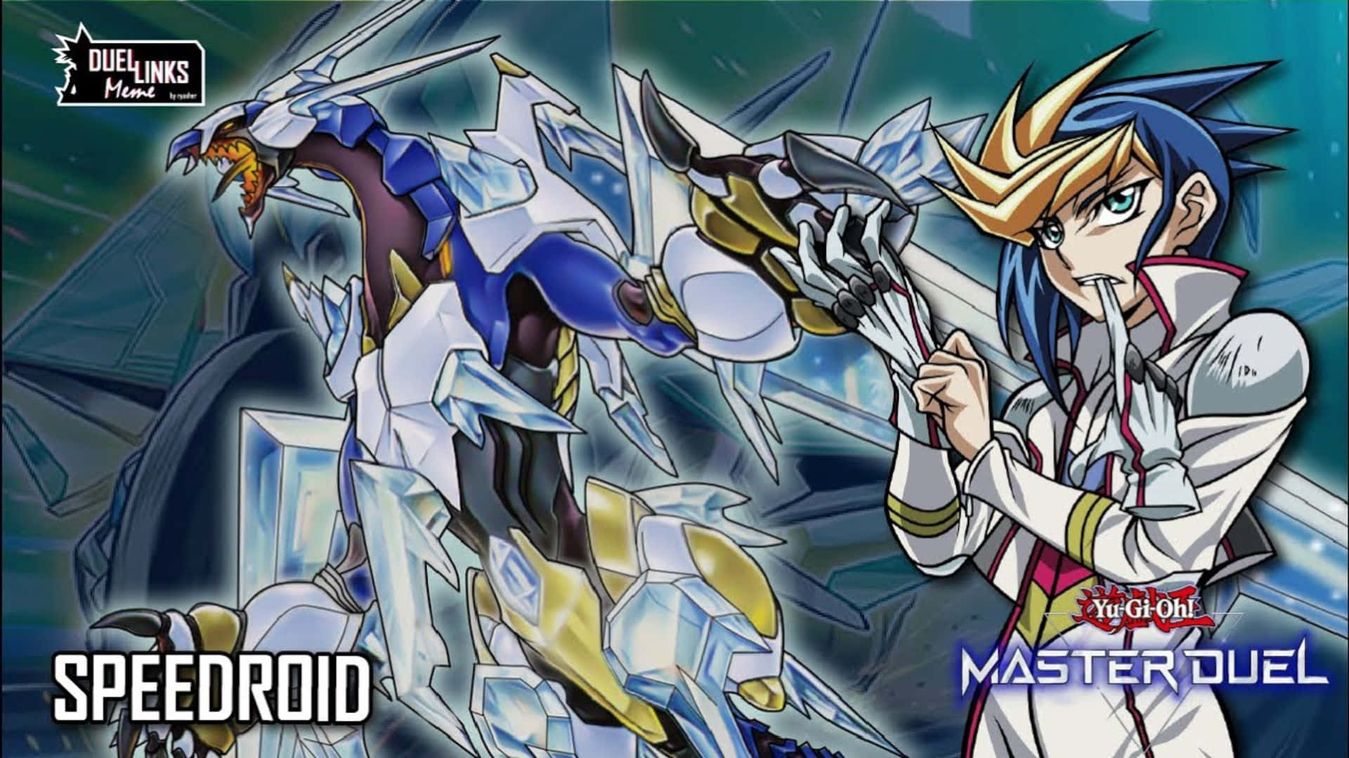 Yu-gi-oh Yugo, spiky blue and gold hair, glowing card, Full HD Desktop Wallpaper