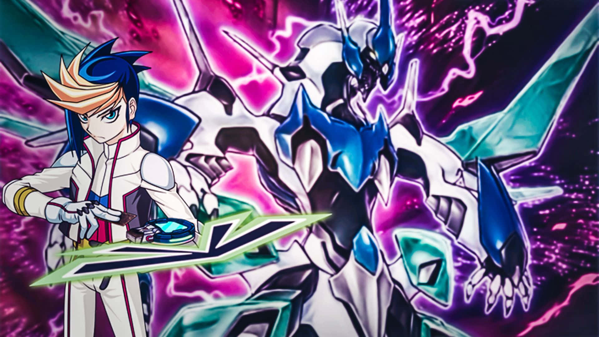 Yu-gi-oh Yugo, blue and white mecha, vibrant purple and pink energy storm, Full HD Desktop Wallpaper