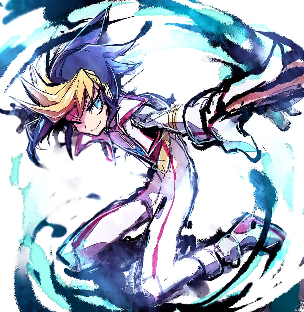 Yu-gi-oh Yugo, spiky blue and yellow hair, swirling teal energy attack, SD Phone Wallpaper