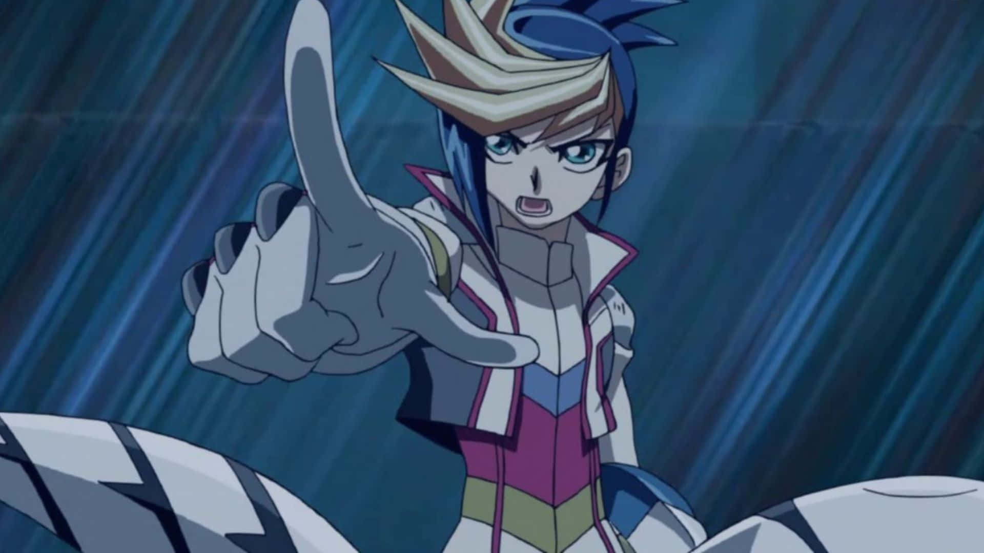 Yu-gi-oh Yugo, blue and white hair, streaked blue background, Full HD Desktop Wallpaper