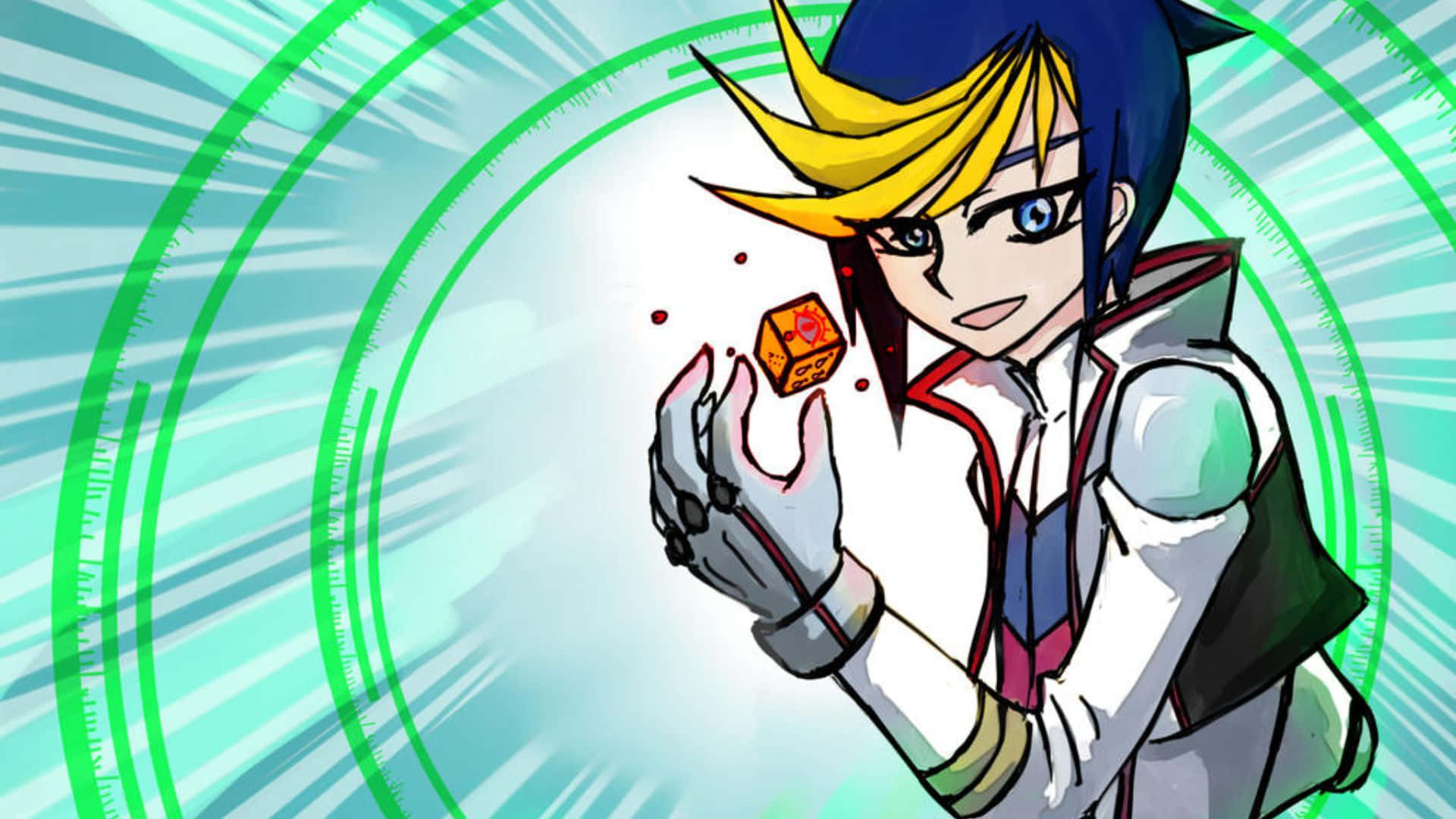 Yu-Gi-Oh! Yugo, blue and yellow hair, glowing orange cube, Full HD Desktop Wallpaper