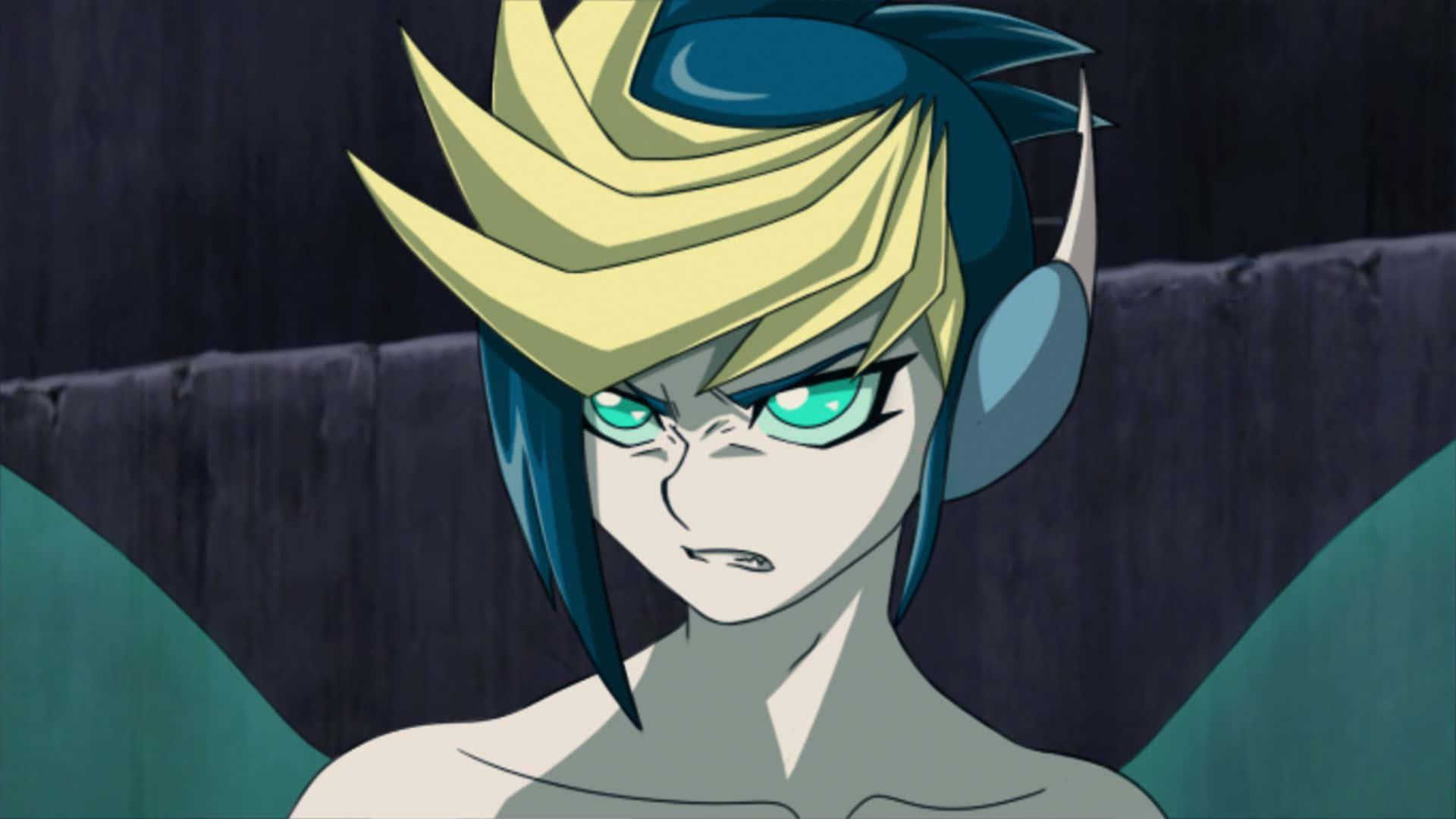 Yu-Gi-Oh Yugo, spiky blue and yellow hair, glowing green eyes, Full HD Desktop Wallpaper