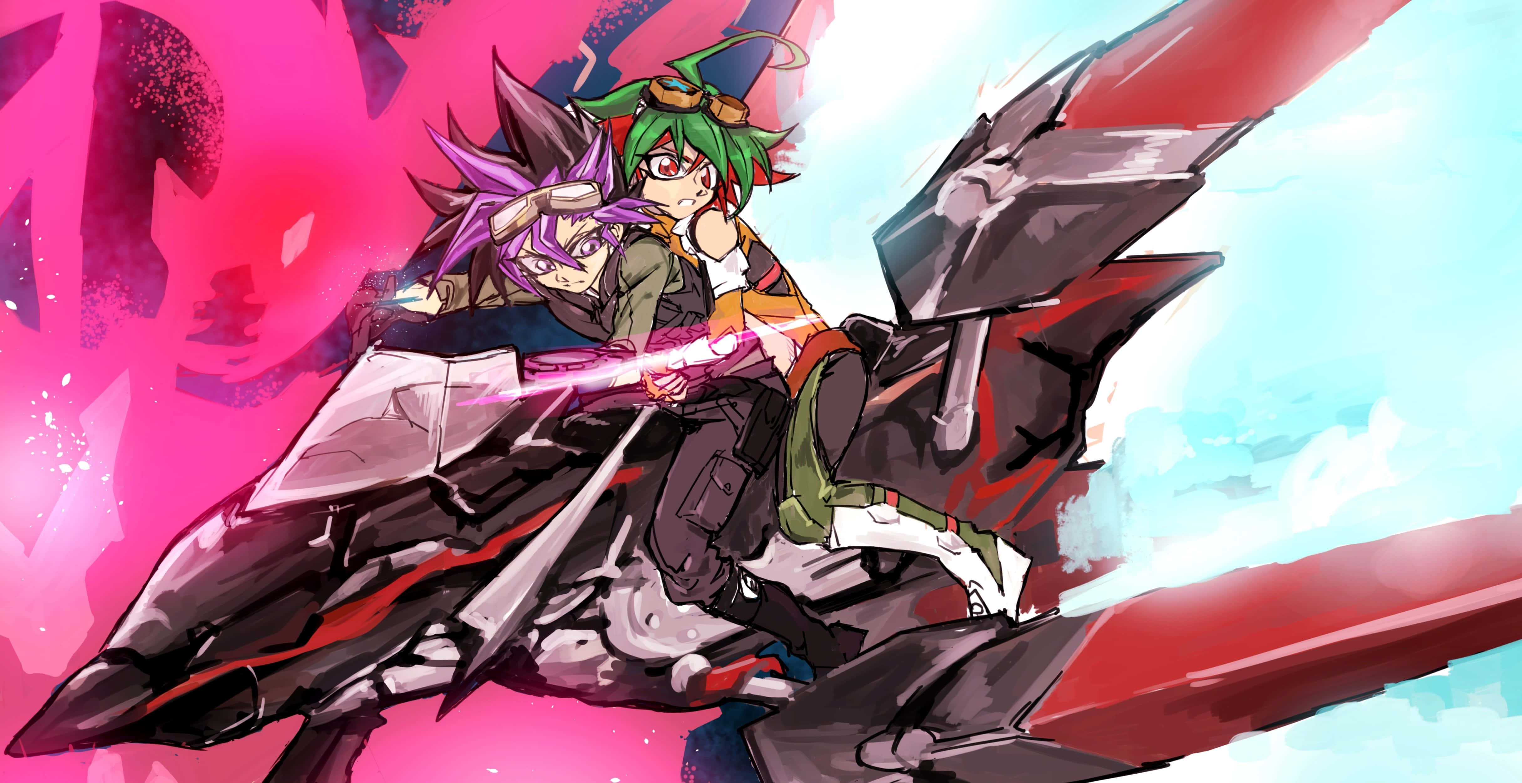 Yu-gi-oh Yuto, sleek red and black mech, vibrant pink and blue sky, 4K Desktop Wallpaper