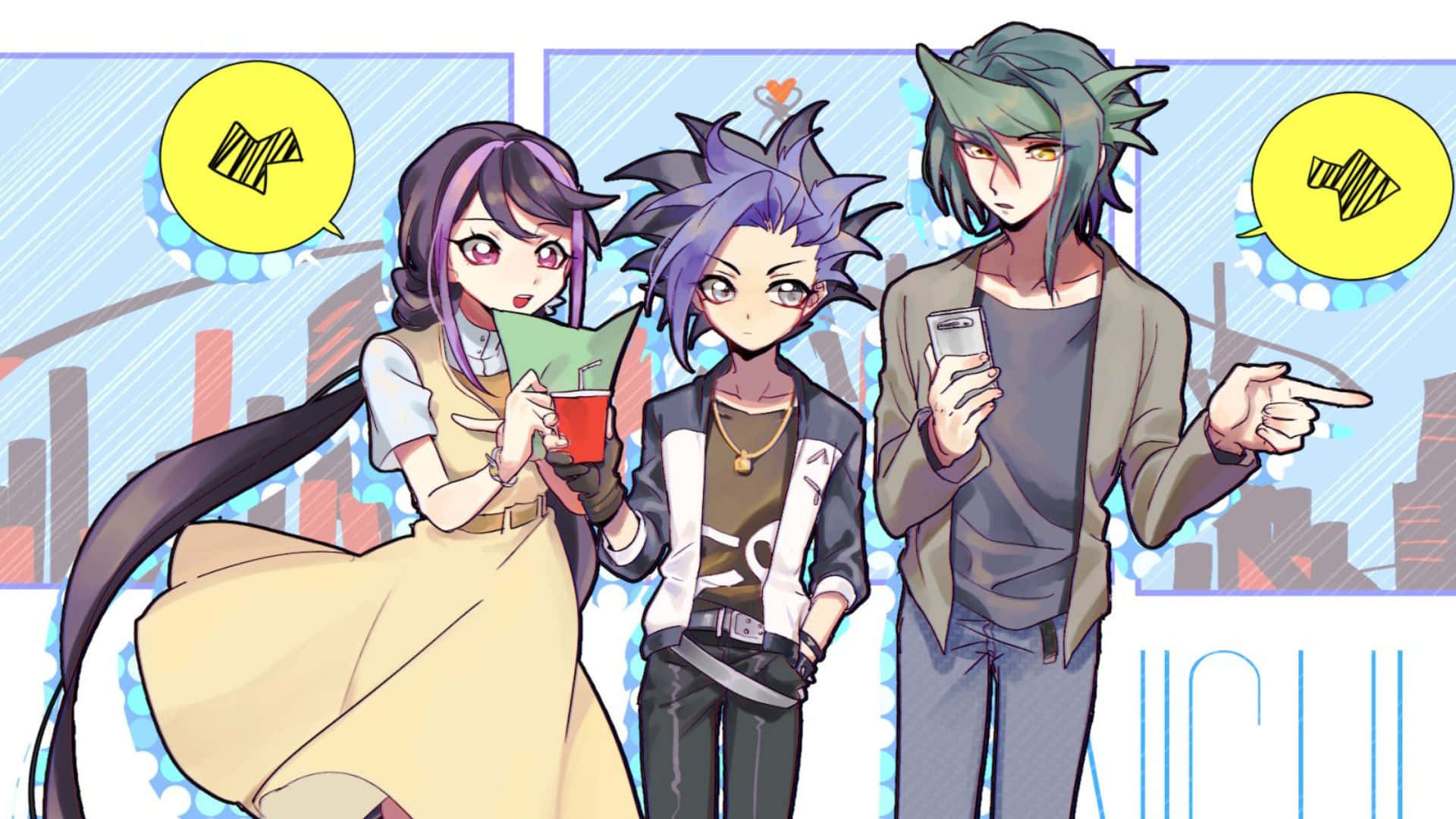 Yu-Gi-Oh! Yuto, cityscape, speech bubbles, Full HD Desktop Wallpaper