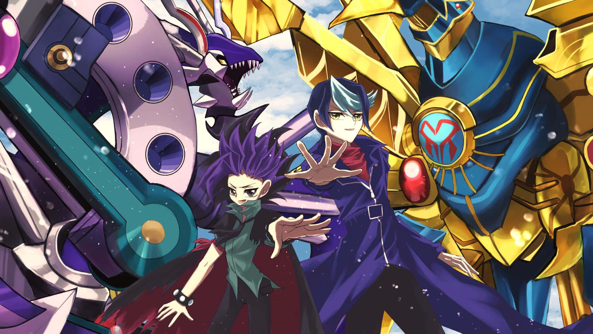 Yu-Gi-Oh Yuto, purple hair, giant mechanical monsters, Full HD Desktop Wallpaper