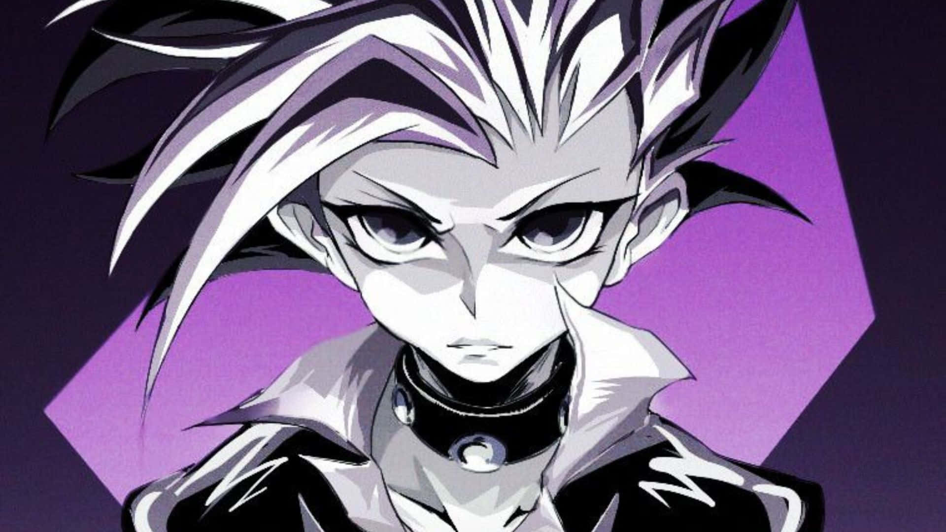 Yu-Gi-Oh! Yuto, spiky white and black hair, bold purple geometric background, Full HD Desktop Wallpaper