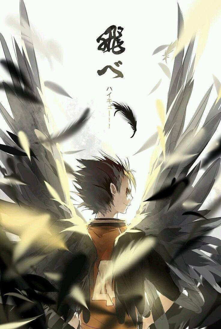 Yu Nishinoya, black and white wings, glowing feathers, SD Phone Wallpaper
