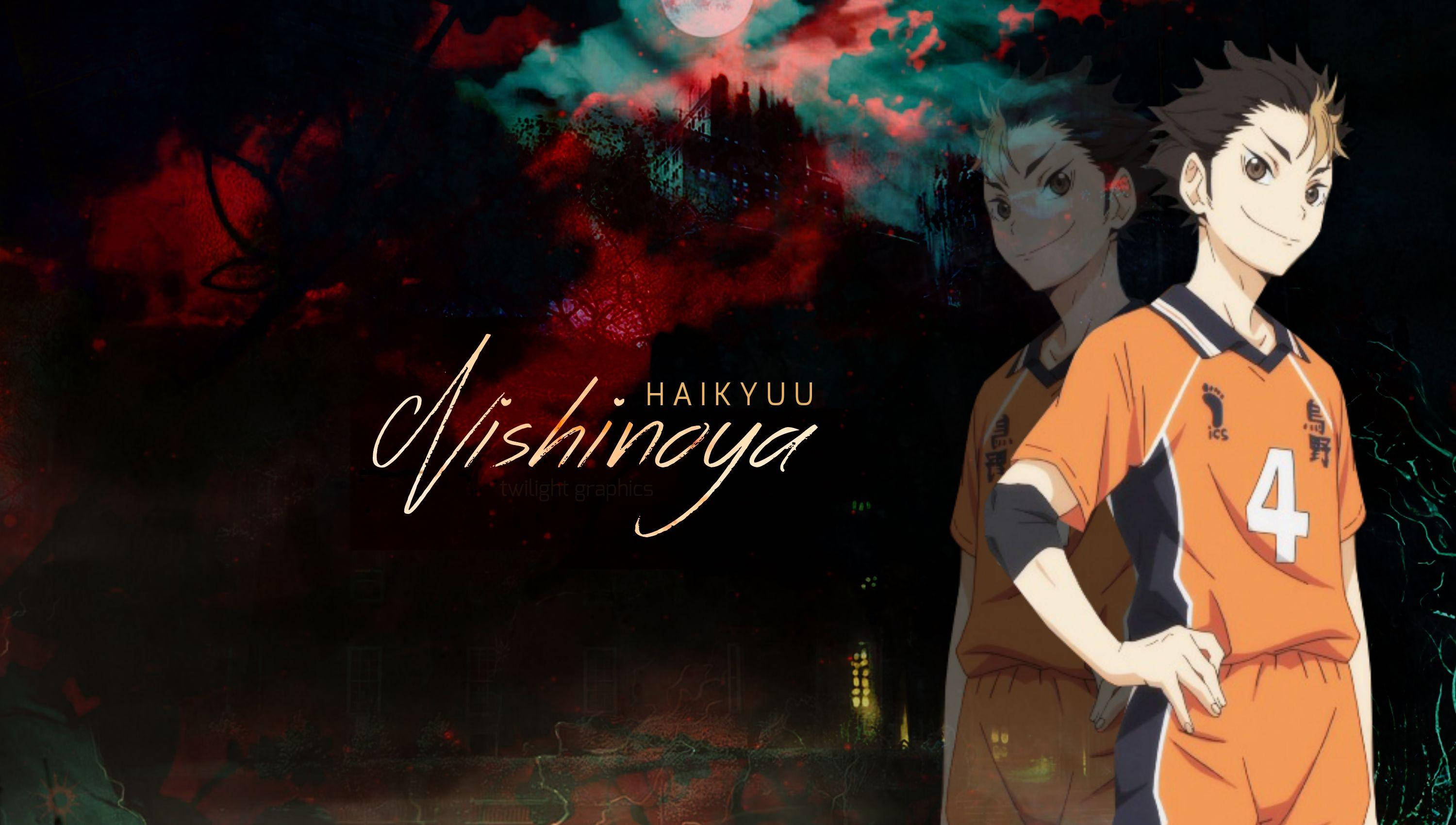 Yu Nishinoya, orange uniforms, dark red and teal stormy sky, 2K Desktop Wallpaper
