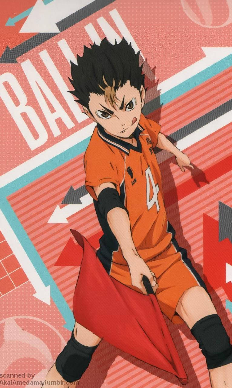 Yu Nishinoya, orange jersey number four, red and teal geometric background, HD Phone Wallpaper