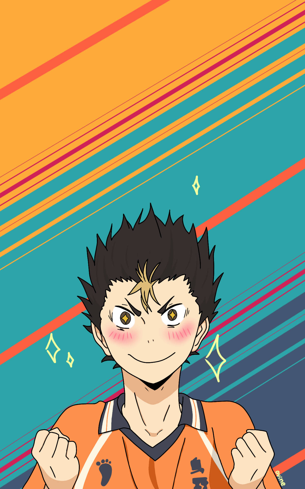 Yu Nishinoya, orange volleyball jersey, vibrant diagonal striped background, Full HD Phone Wallpaper