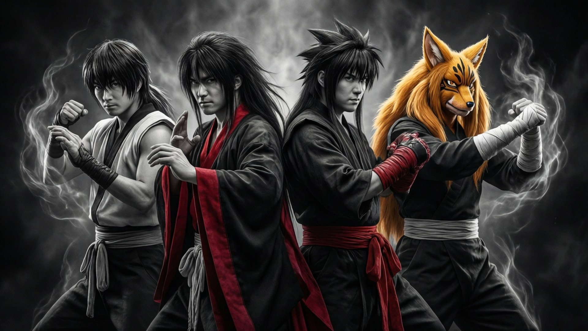 Yu Yu Hakusho, four main characters, back-to-back, Full HD Desktop Wallpaper