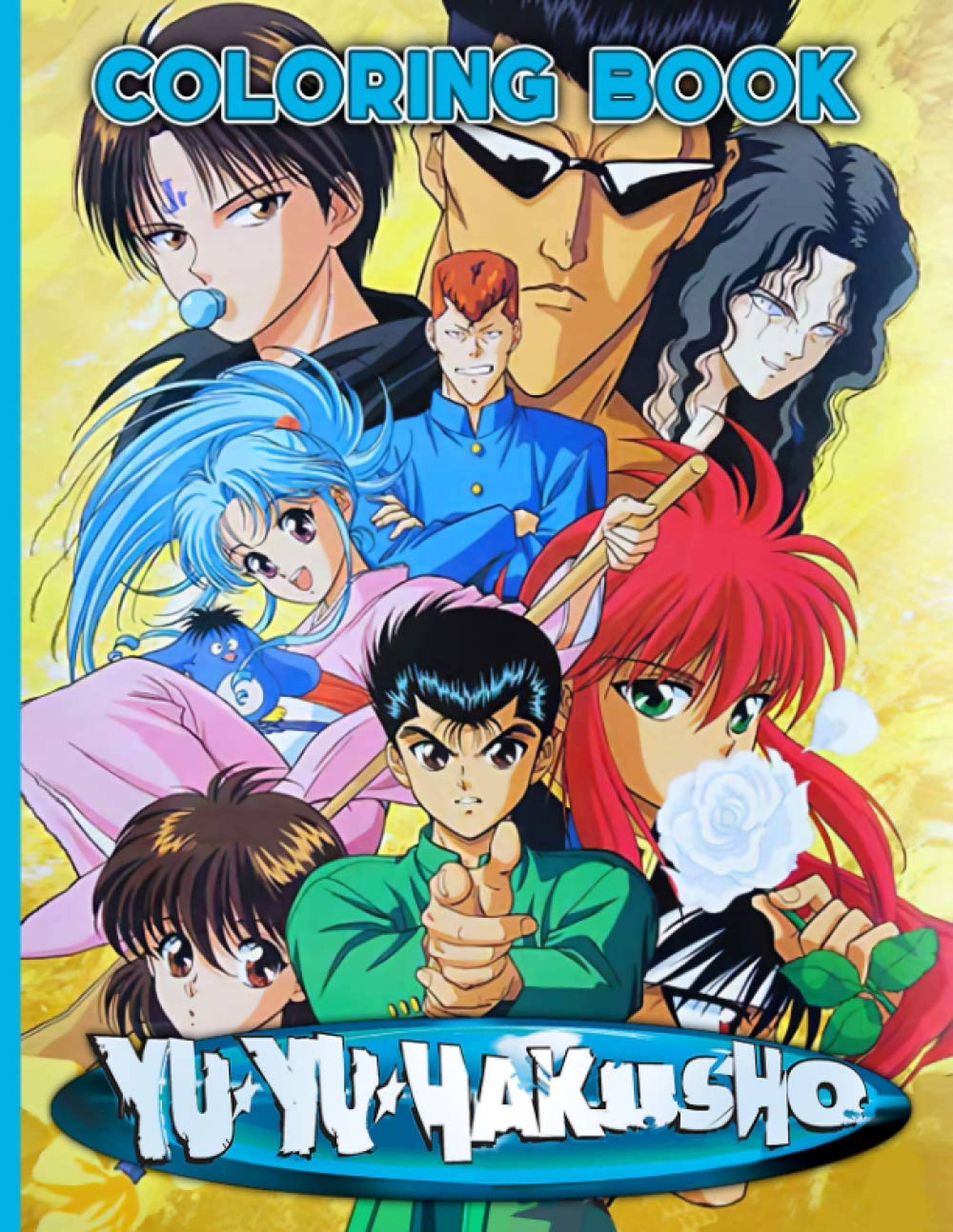 Yu Yu Hakusho, coloring book cover, vibrant anime characters, 2K Phone Wallpaper