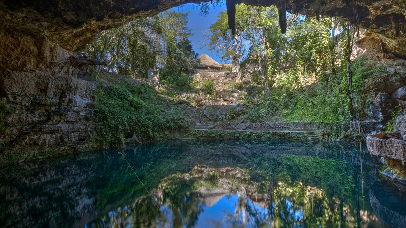 Yucatan, cenote, thatched roof structure, HD Desktop Wallpaper