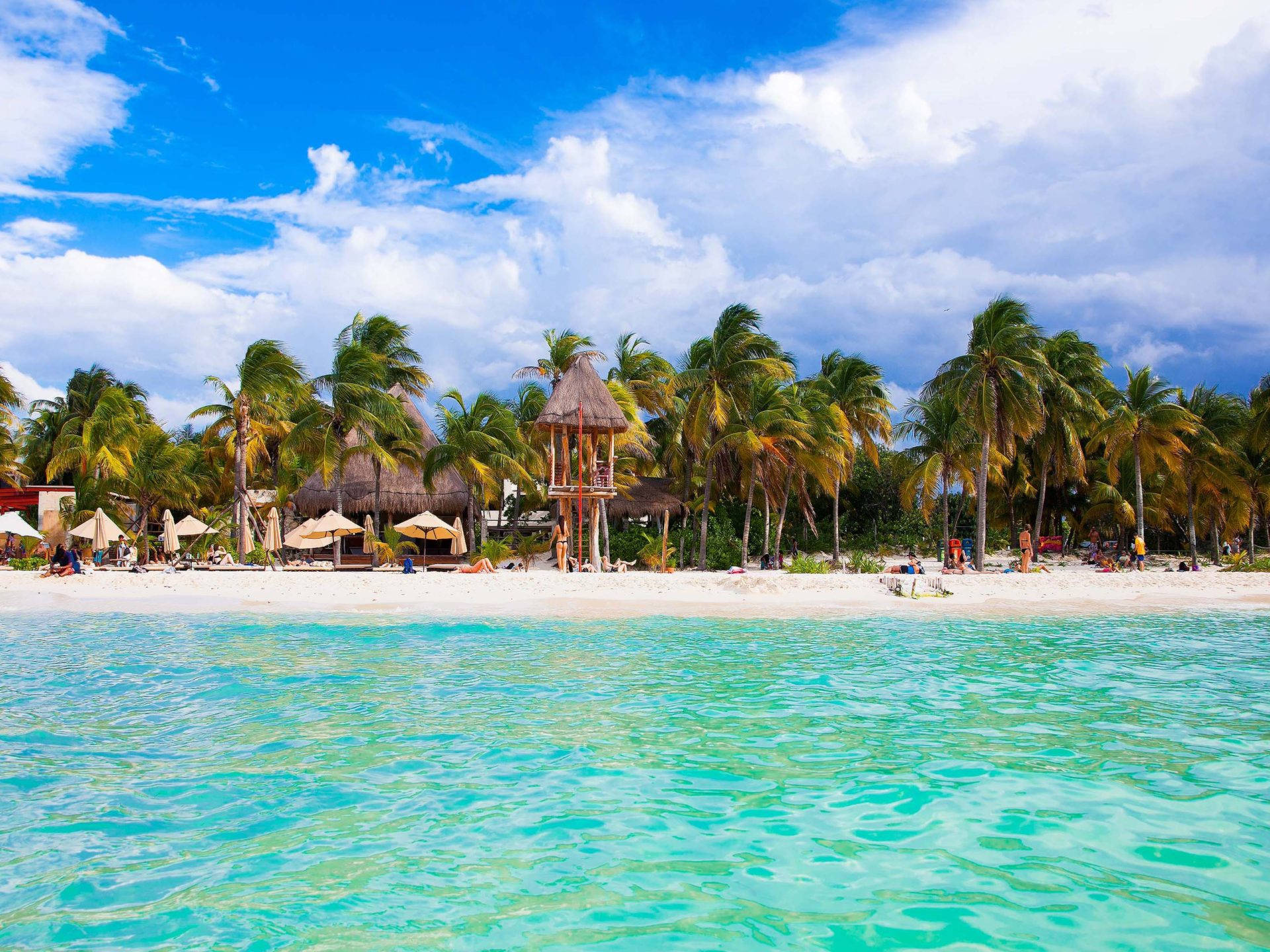 Yucatan, coconut trees, white sandy beach, Full HD Desktop Wallpaper