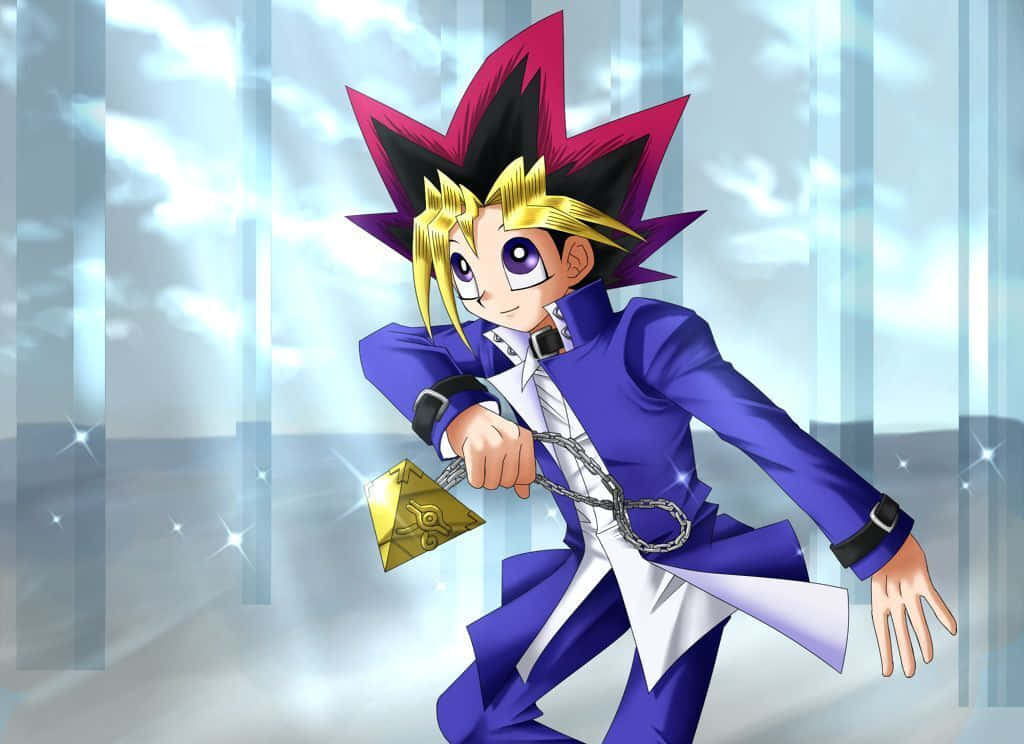 Yugi Muto, spiky purple and gold hair, blue suit, SD Desktop Wallpaper