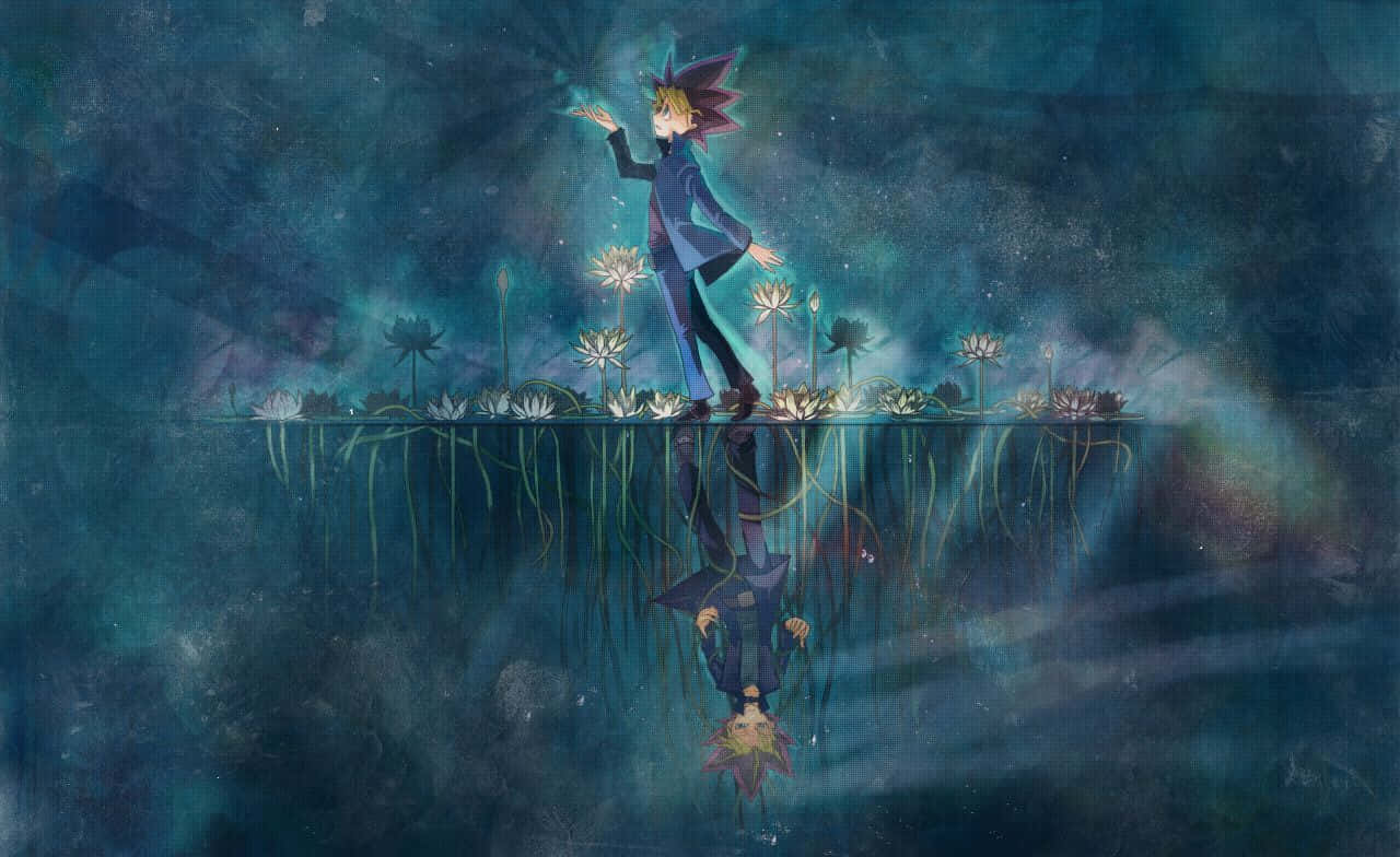 Yugi Muto, floating lotus platform, starry teal sky, HD Desktop Wallpaper