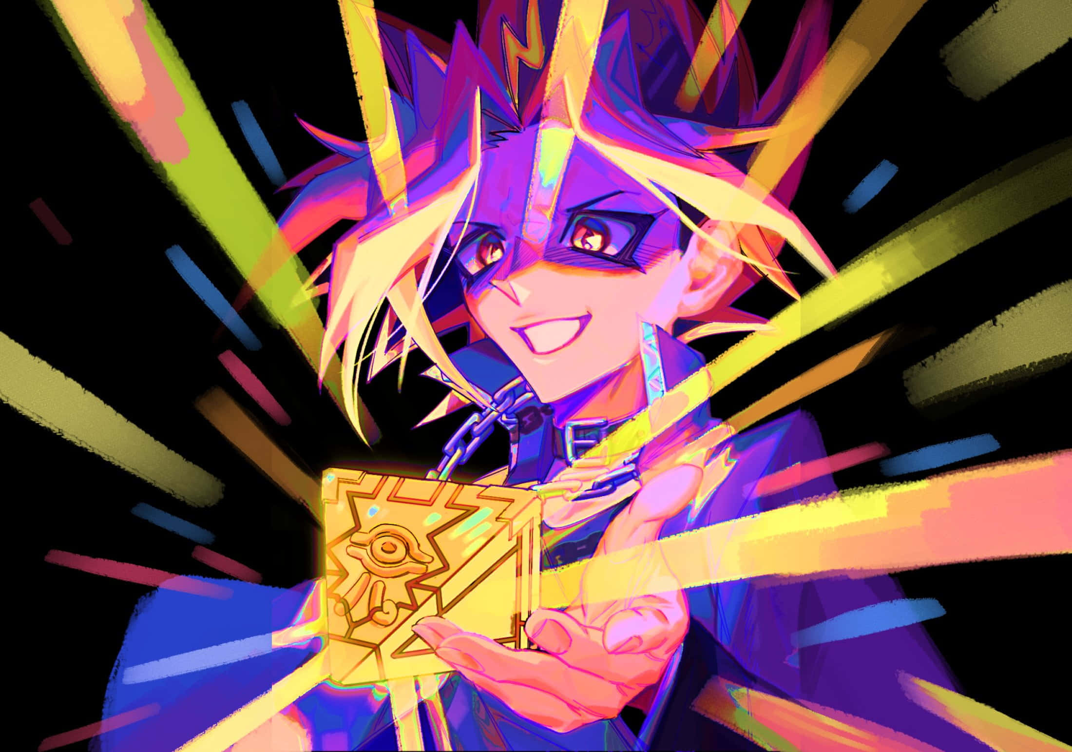Yugi Muto, golden card, colorful streaks, Full HD Desktop Wallpaper