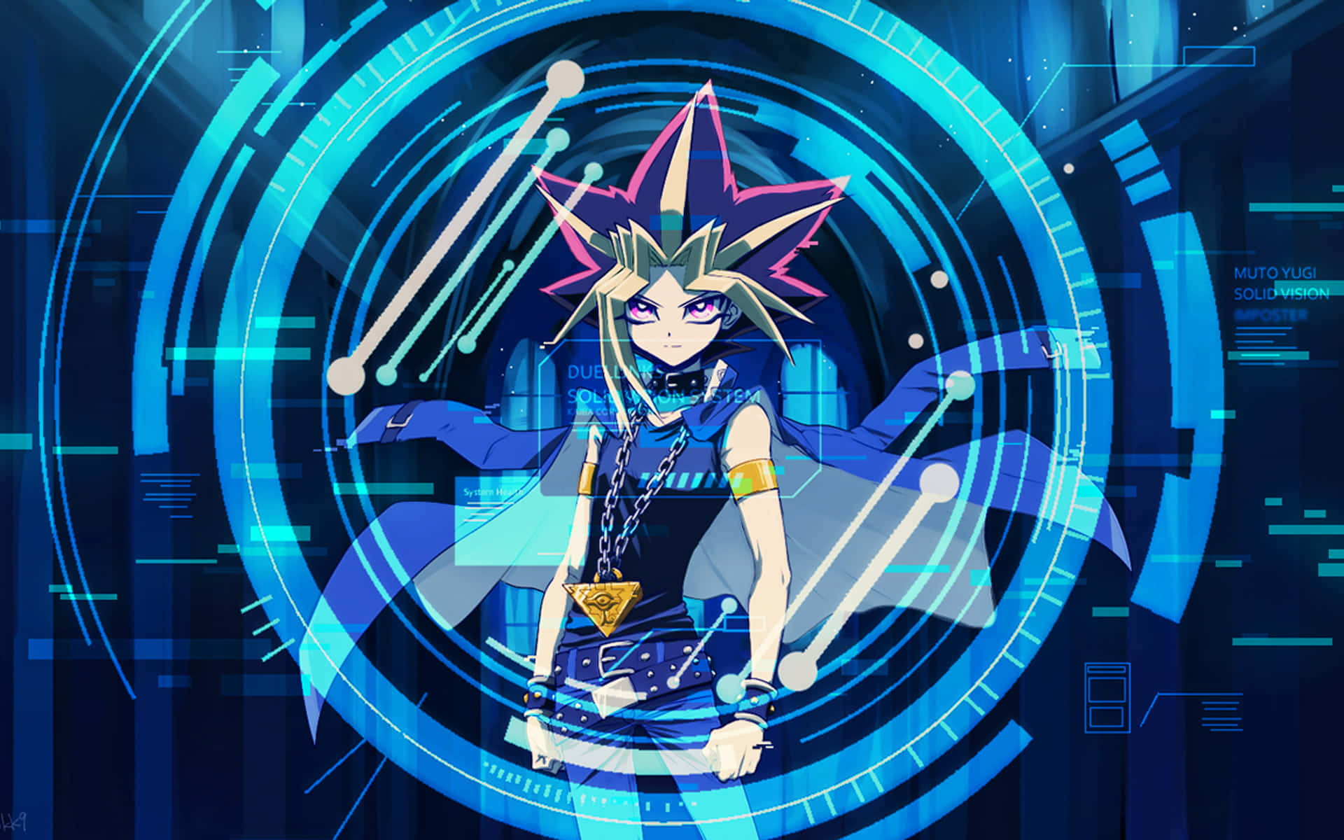 Yugi Muto, glowing blue digital interface, futuristic HUD elements, Full HD Desktop Wallpaper