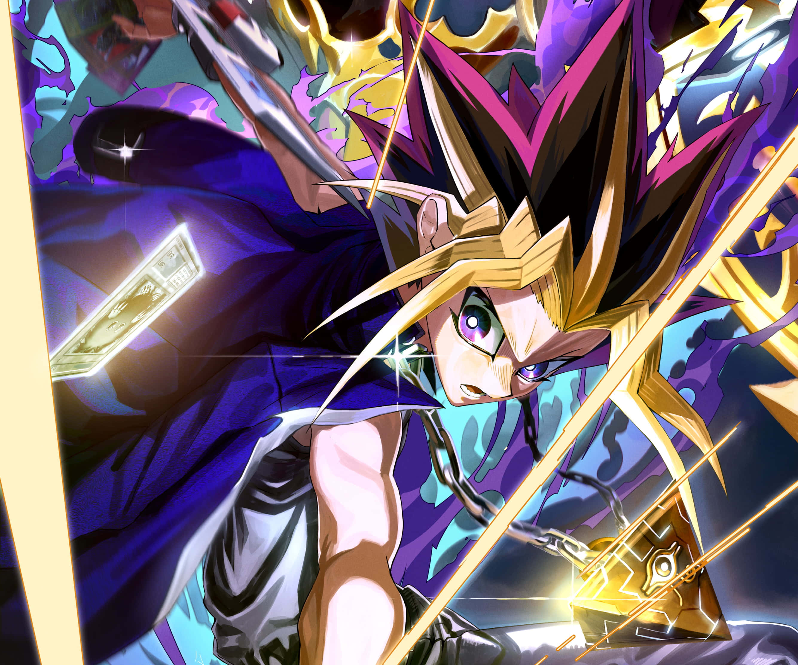 Yugi Muto, golden sword, swirling purple and gold energy, 2K Desktop Wallpaper