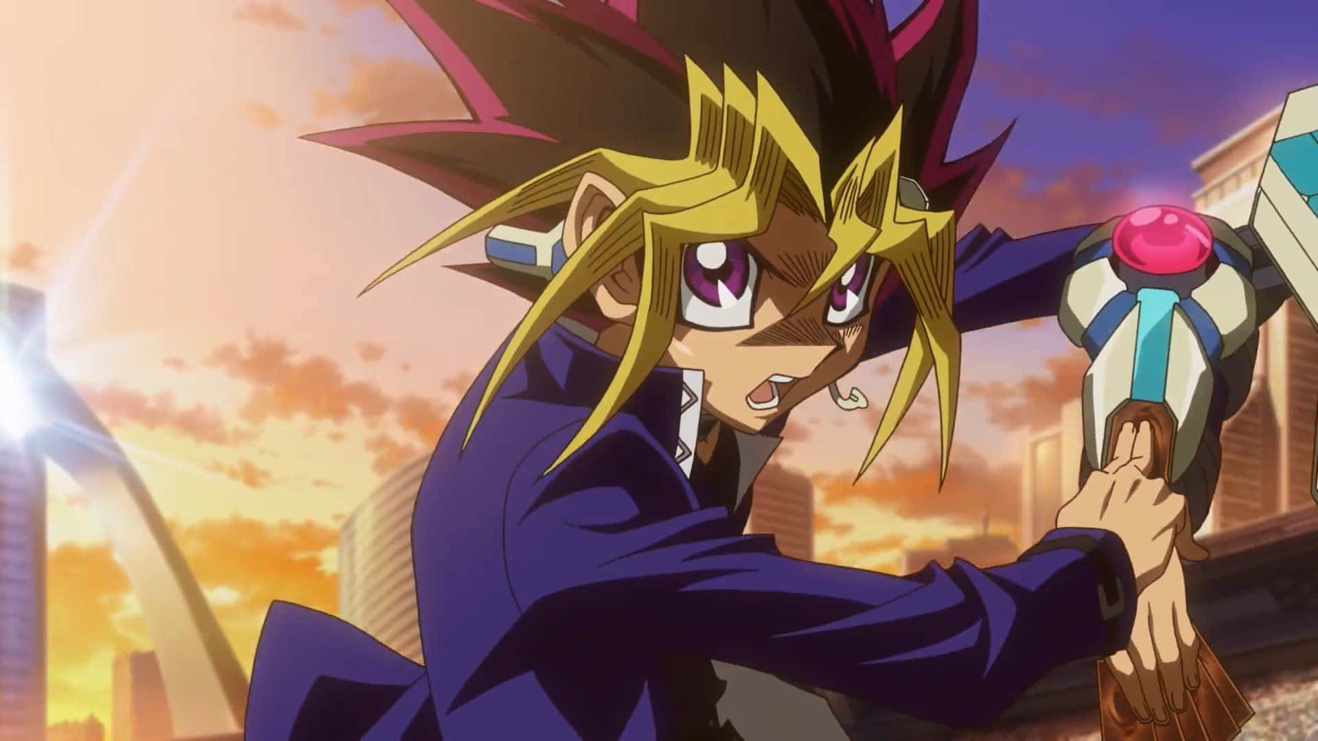 Yugi Muto, duel disk, sunset city skyline, Full HD Desktop Wallpaper