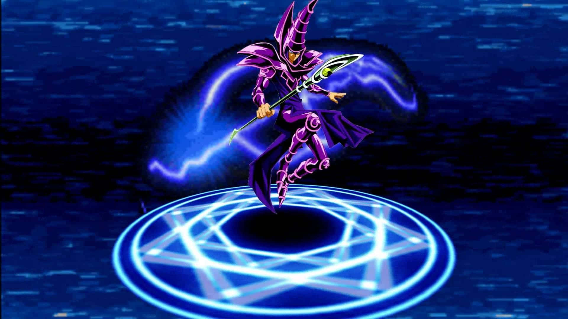 Yugioh Dark Magician, purple armored wizard, glowing staff, Full HD Desktop Wallpaper