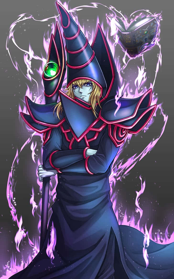 Yugioh Dark Magician, dark-robed anime mage, glowing green eyes, SD Phone Wallpaper