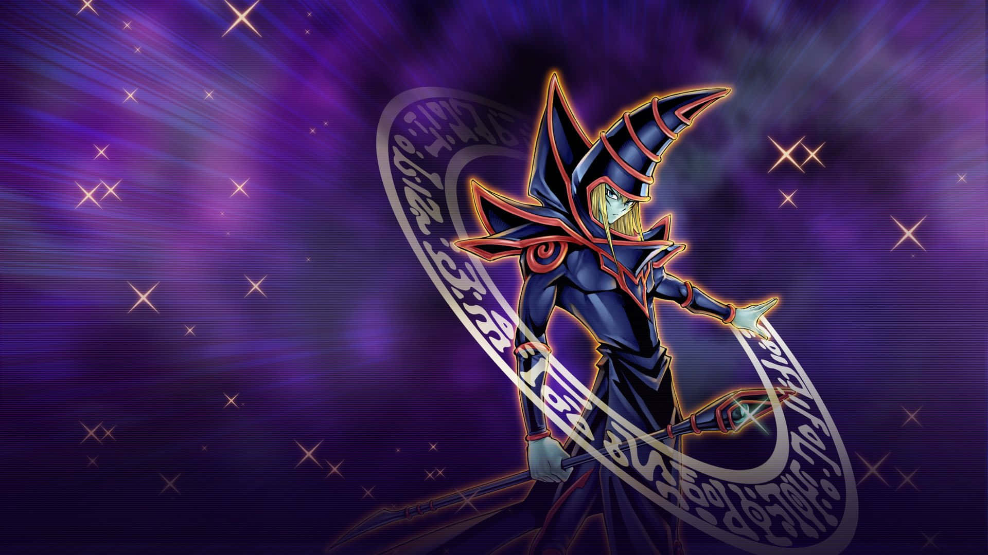 Yugioh Dark Magician, dark-robed anime sorcerer, glowing eyes, Full HD Desktop Wallpaper