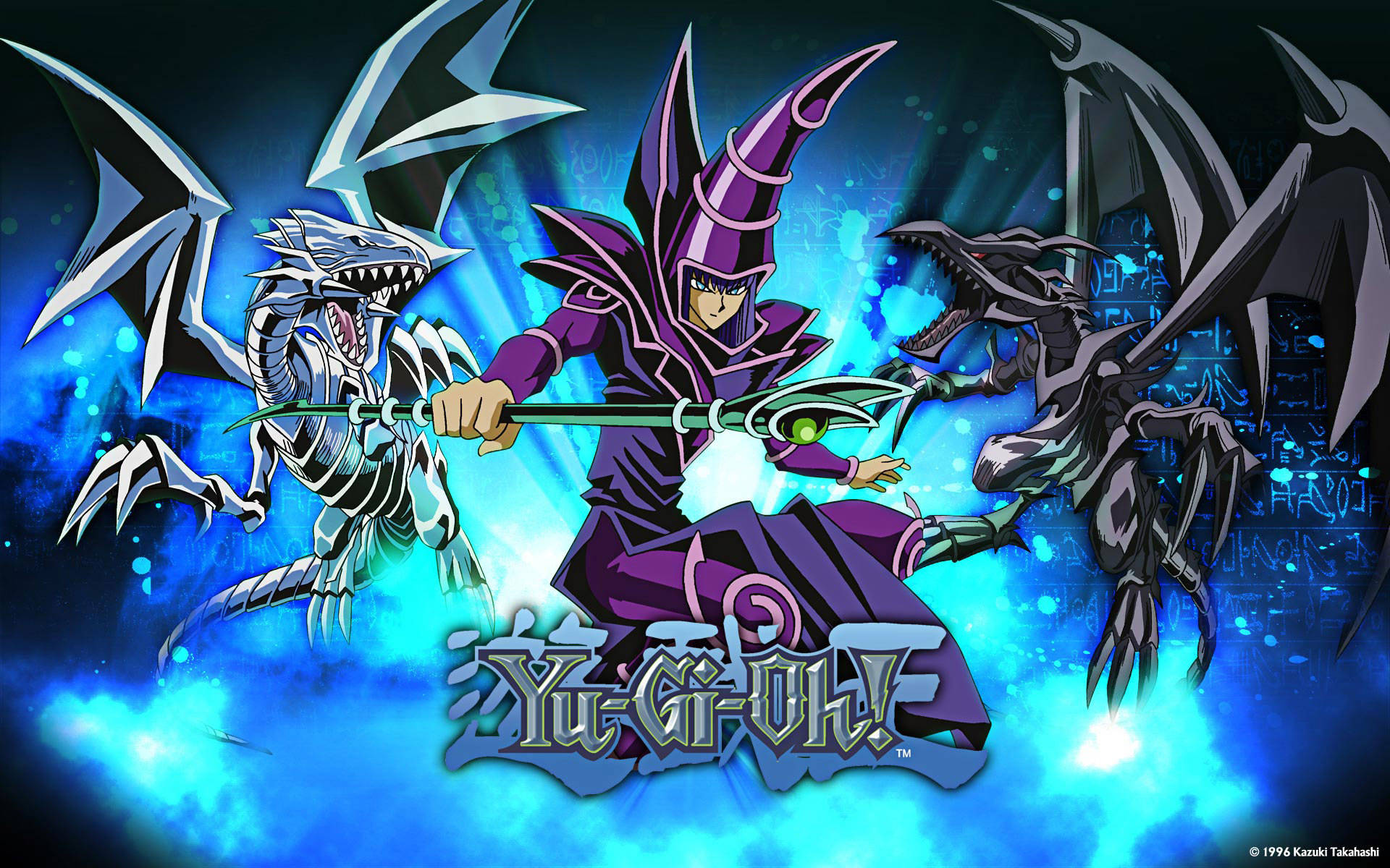 Yugioh Dark Magician, dark-robed anime mage, glowing staff, Full HD Desktop Wallpaper