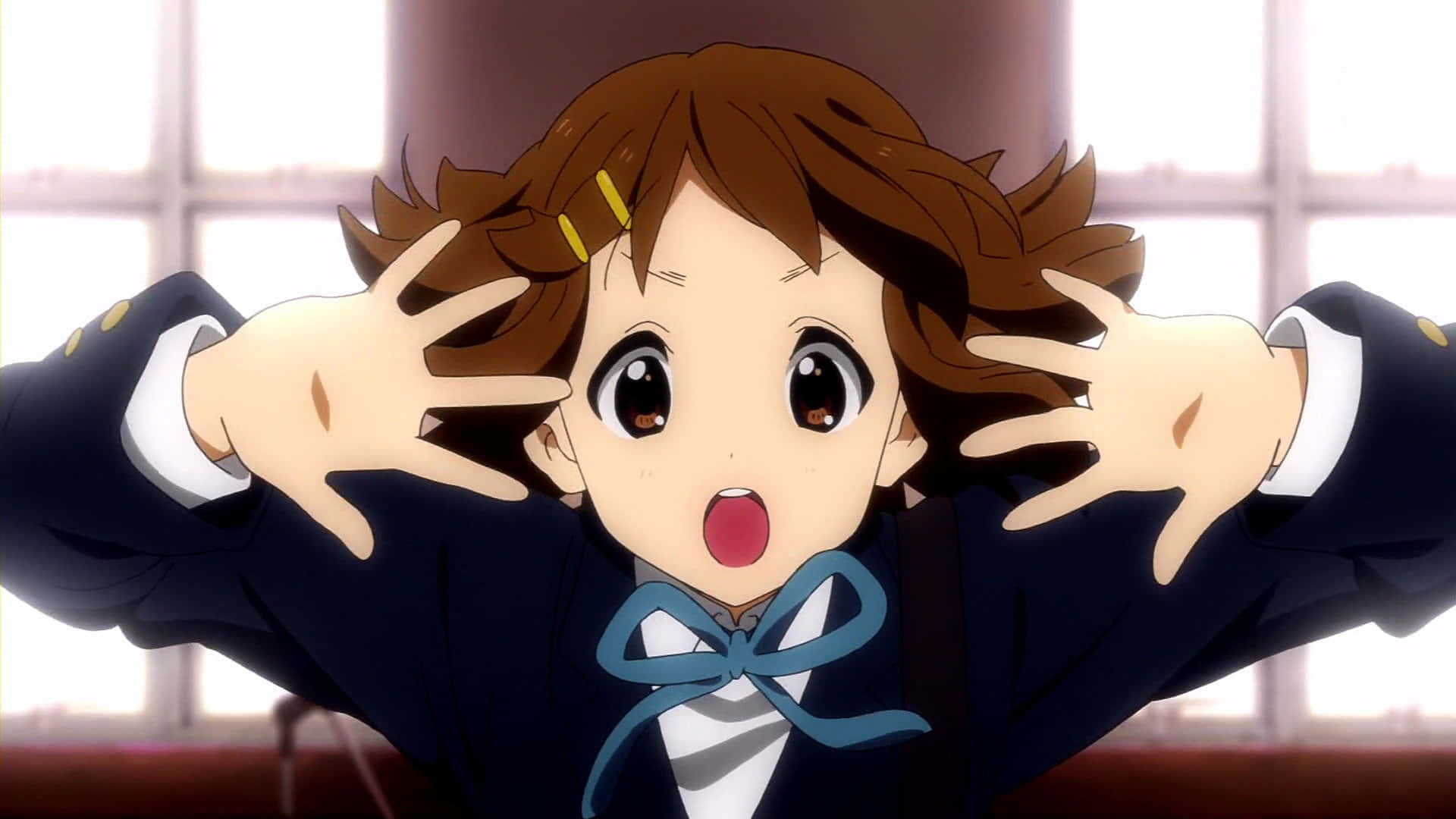 Yui Hirasawa, brown hair, blue bow, Full HD Desktop Wallpaper