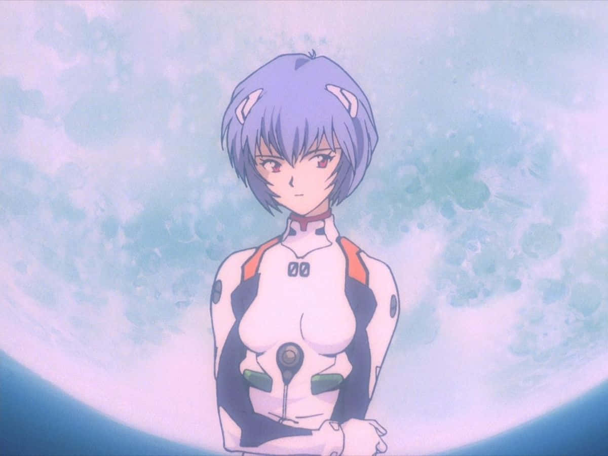 Yui Ikari, short purple hair, swirling blue and white cosmic backdrop, SD Desktop Wallpaper