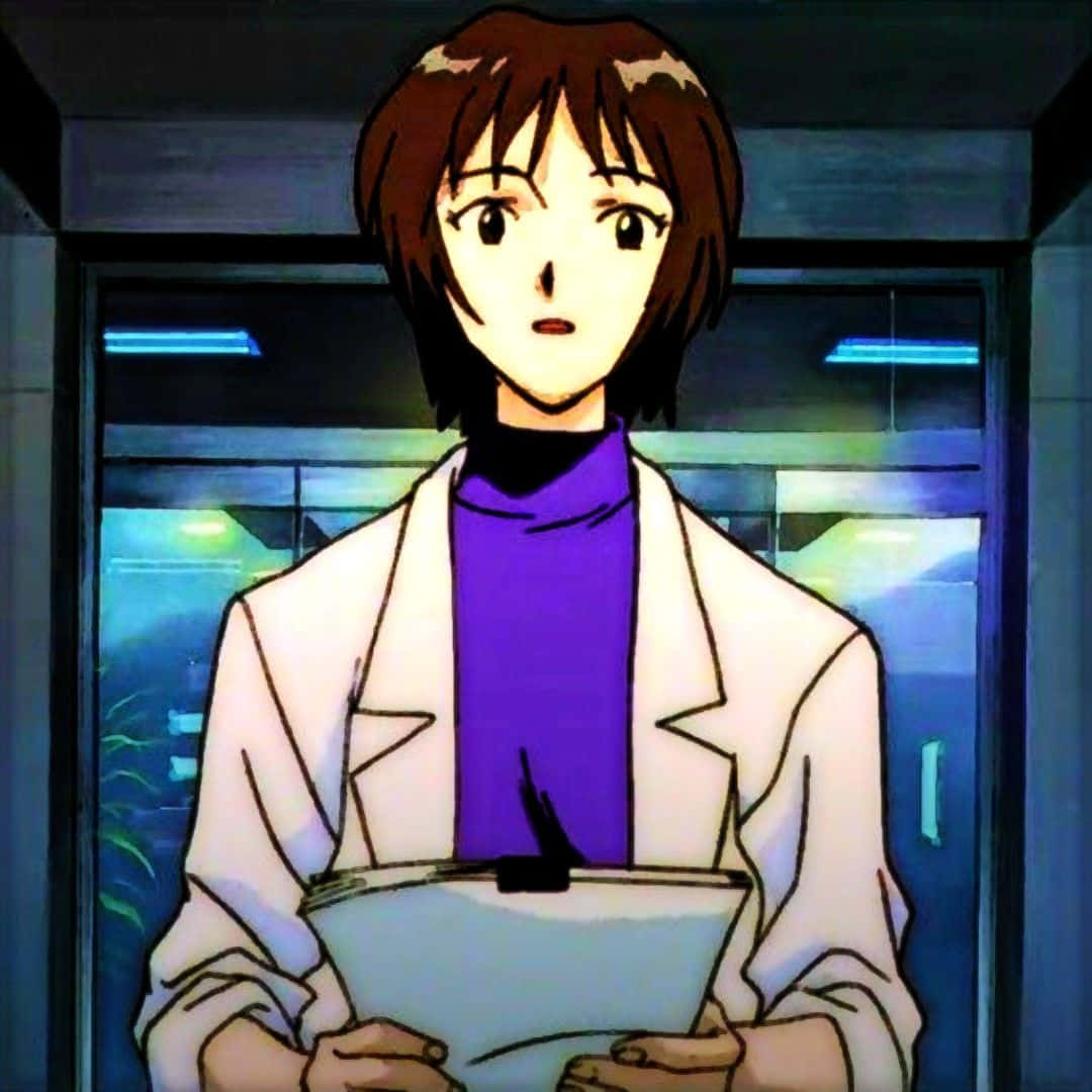 Yui Ikari, white lab coat, purple turtleneck, SD Desktop Wallpaper
