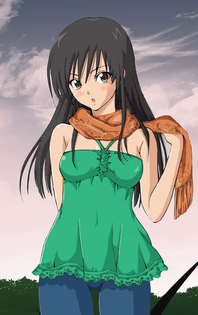 Yui Ikari, long black hair, green top, SD Phone Wallpaper