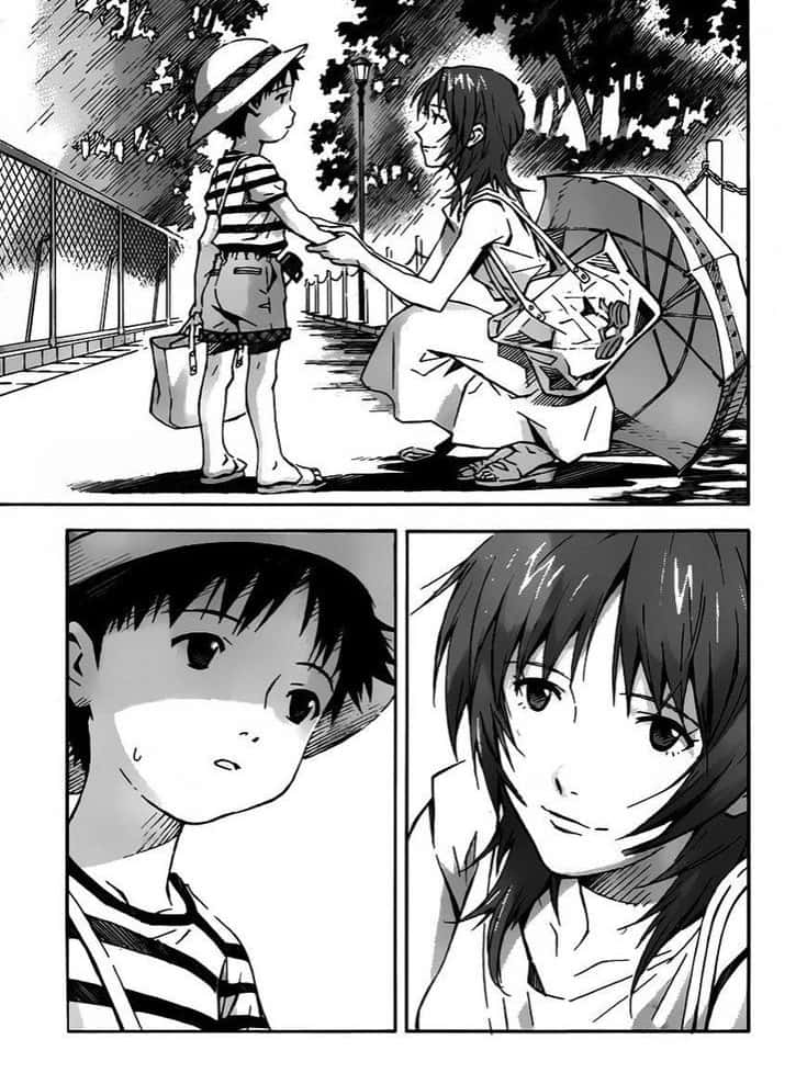 Yui Ikari, black and white manga panel, rainy sidewalk, SD Phone Wallpaper
