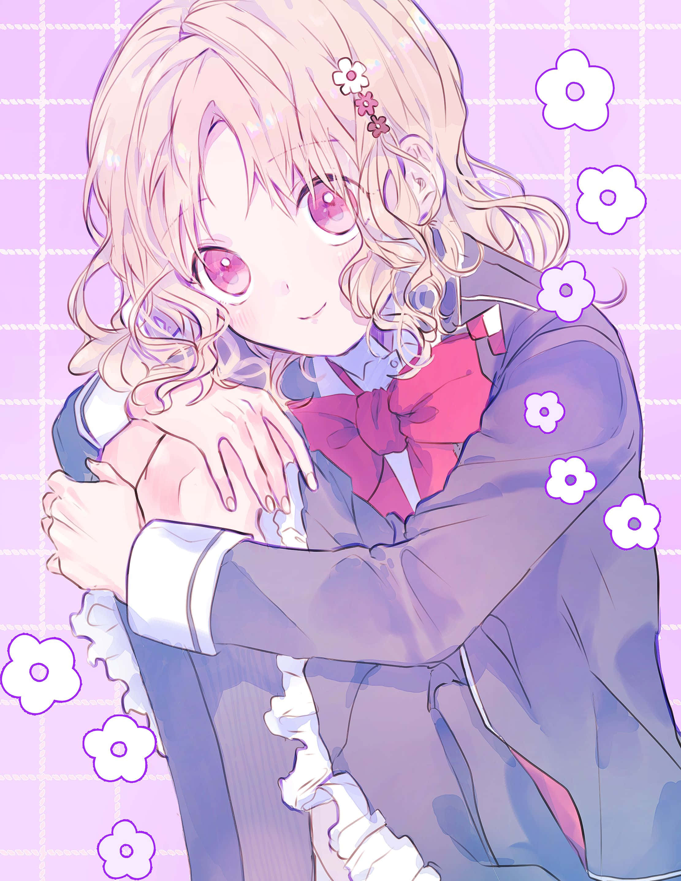 Yui Komori, pink eyes, blonde curls, 2K Phone Wallpaper