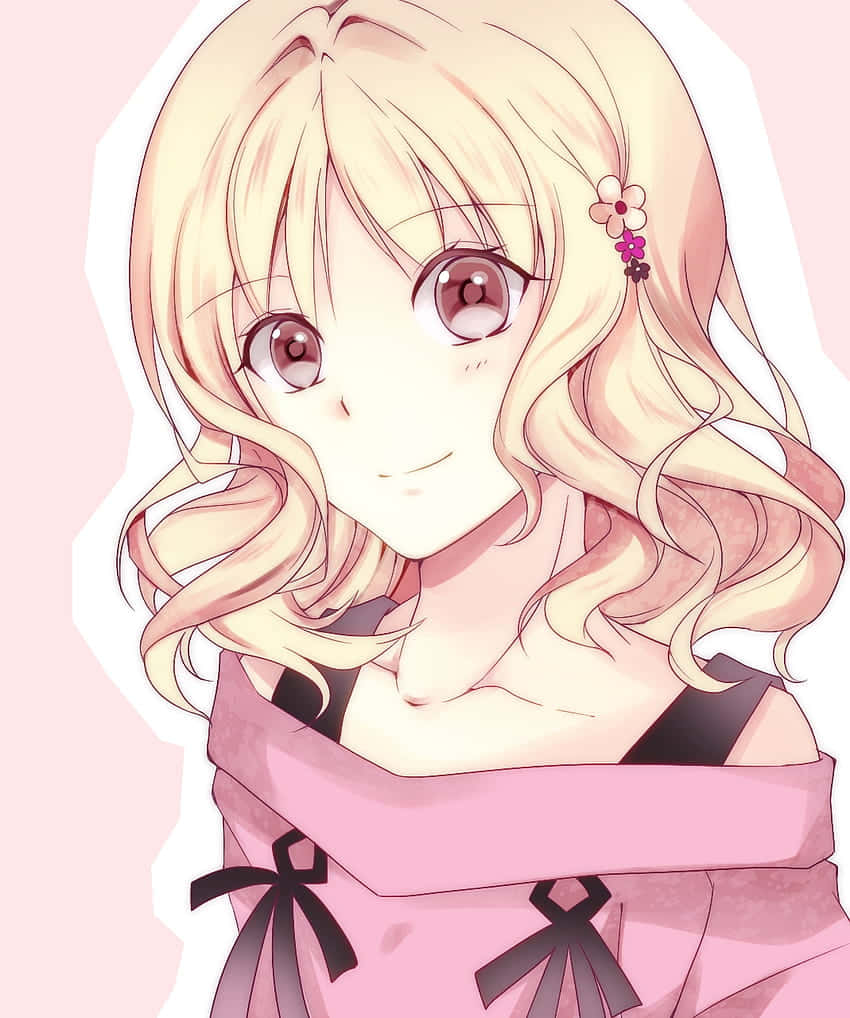 Yui Komori, blonde wavy hair, pink eyes, SD Phone Wallpaper