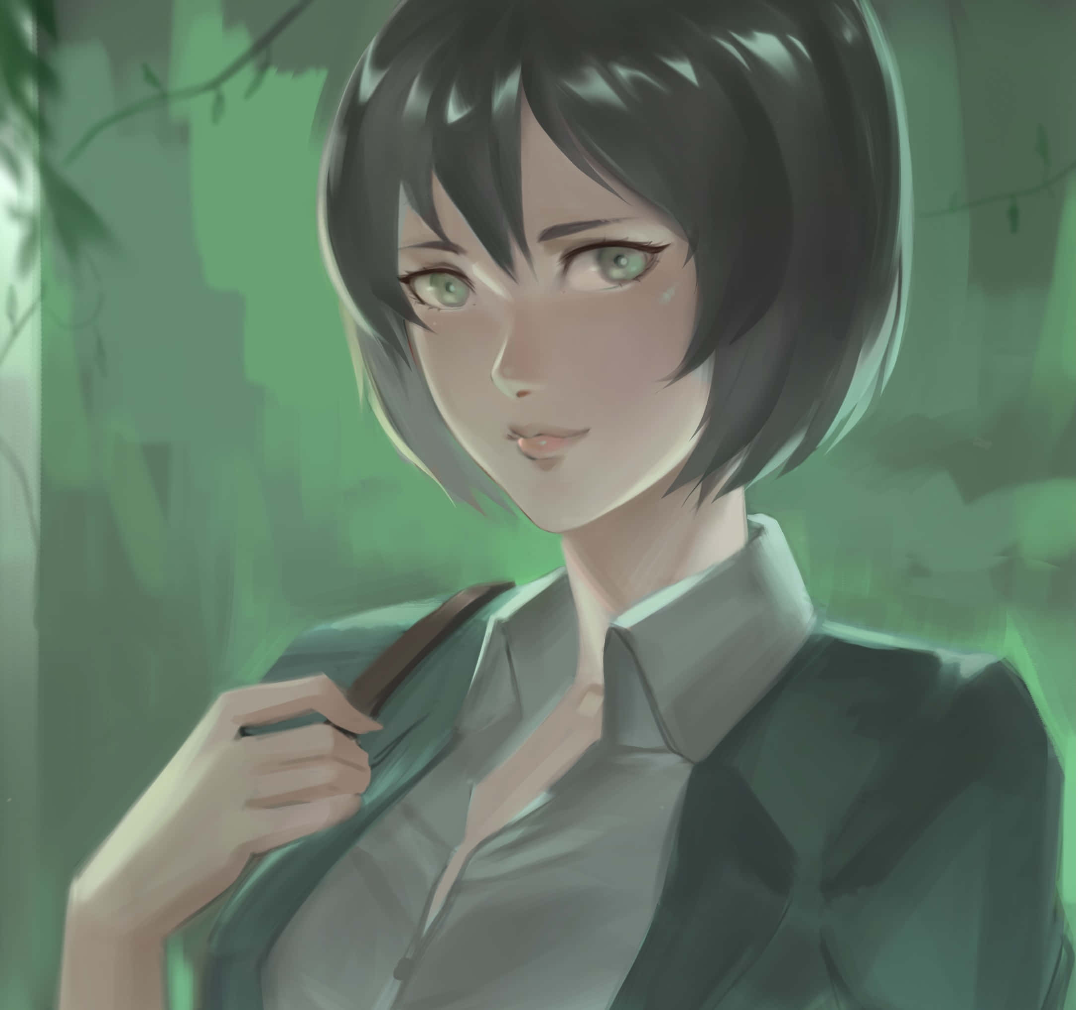 Yukari Yukino, short black hair, green eyes, Full HD Desktop Wallpaper