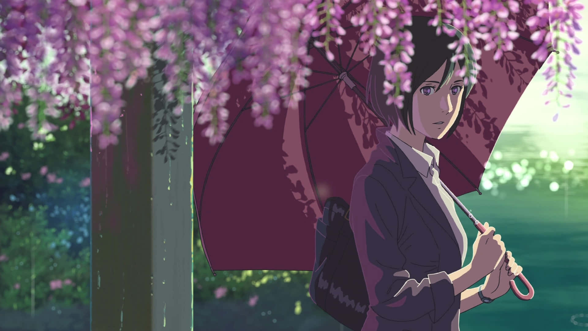 Yukari Yukino, cherry blossoms, maroon umbrella, Full HD Desktop Wallpaper