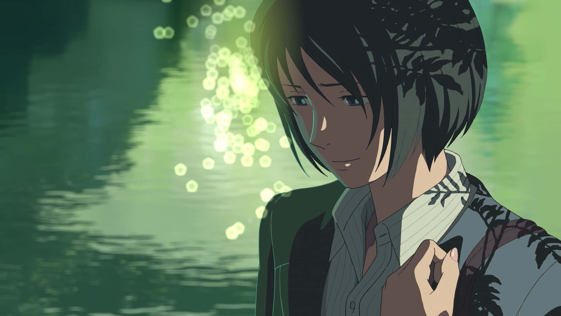 Yukari Yukino, short dark hair, glowing green water, Full HD Desktop Wallpaper