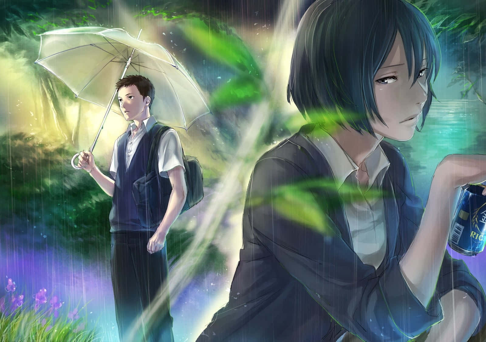 Yukari Yukino, rainy night scene, glowing green foliage, HD Desktop Wallpaper