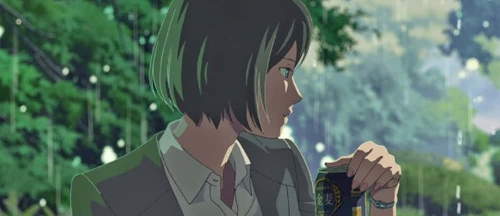 Yukari Yukino, short dark hair, rainy green forest, SD Desktop Wallpaper