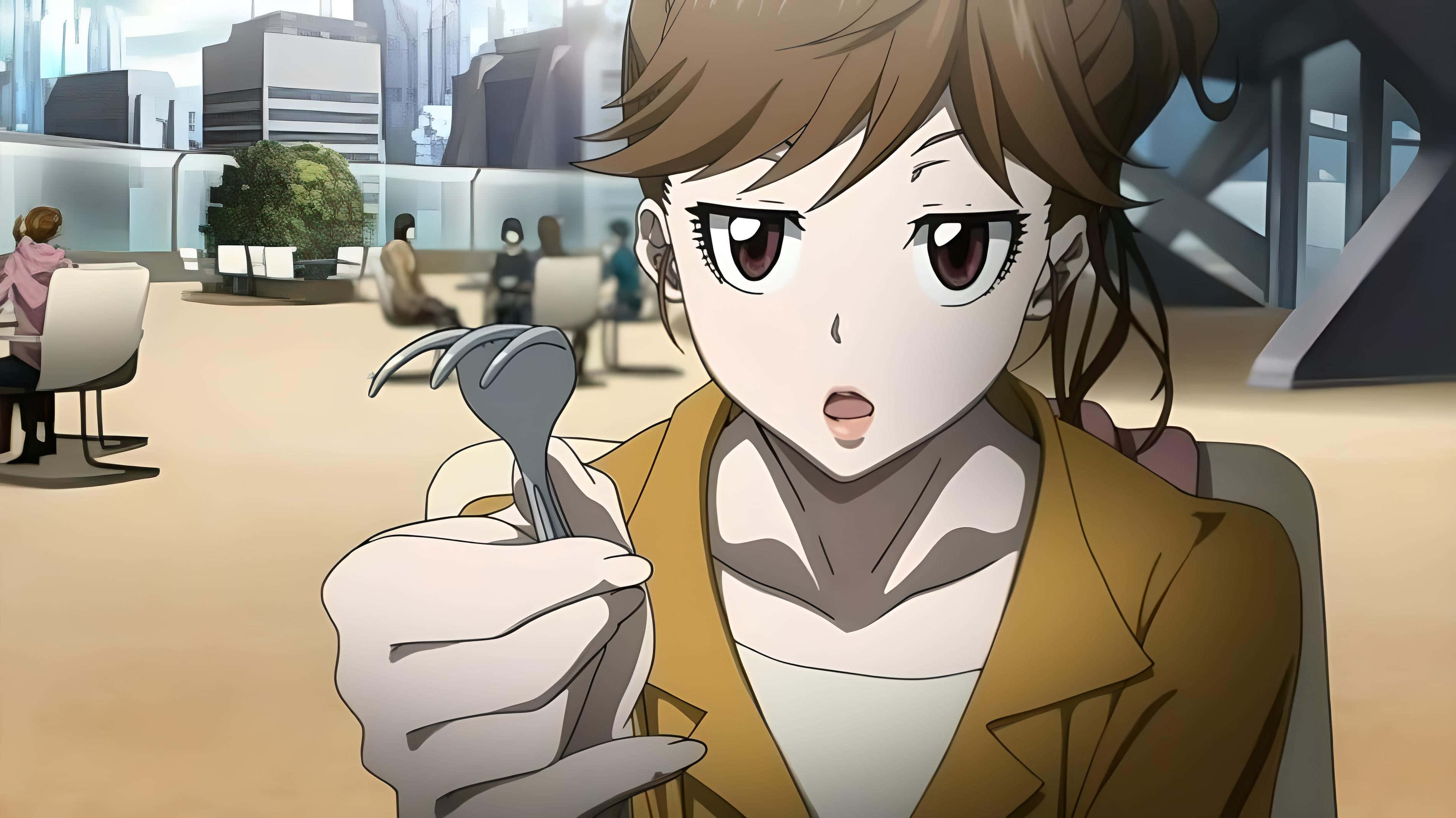 Yuki Funahara, brown jacket, fork, 2K Desktop Wallpaper