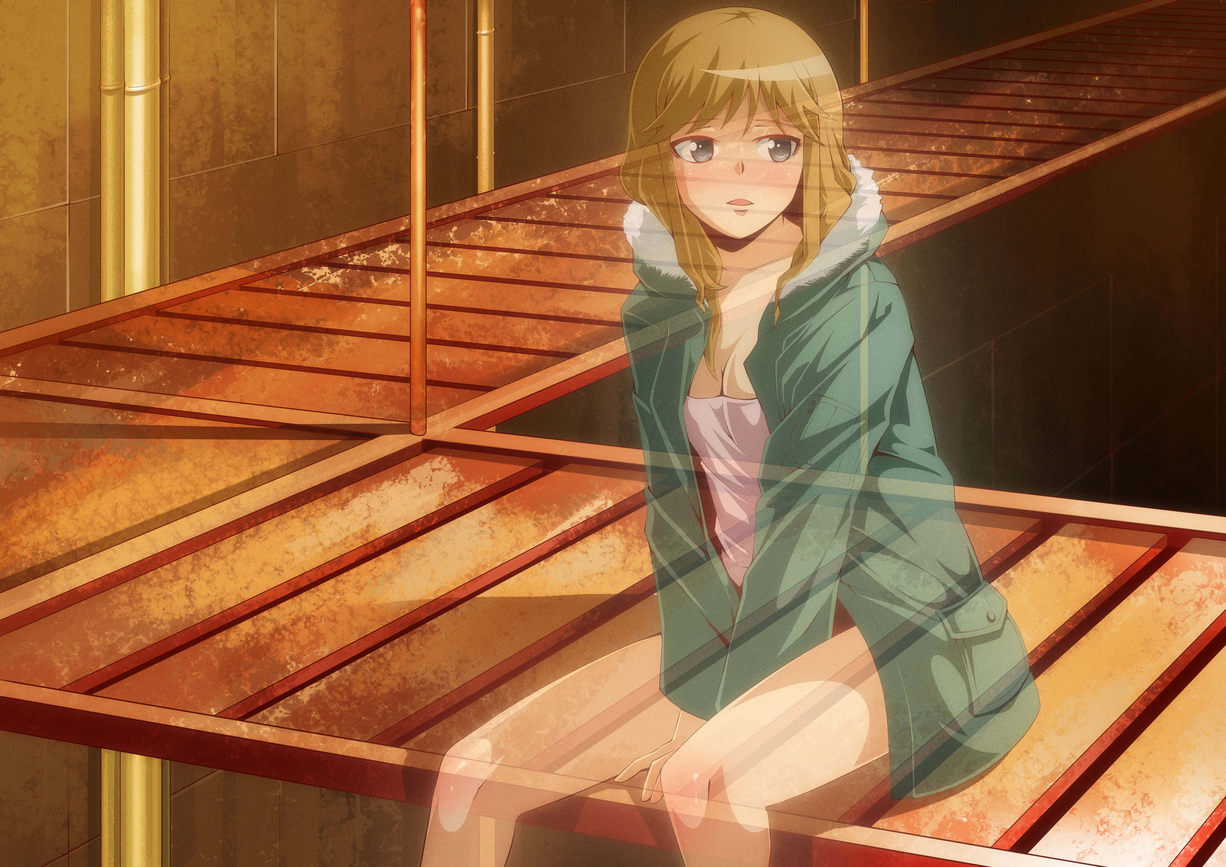 Yuki Funahara, blonde hair, rusted metal stairs, 4K Desktop Wallpaper