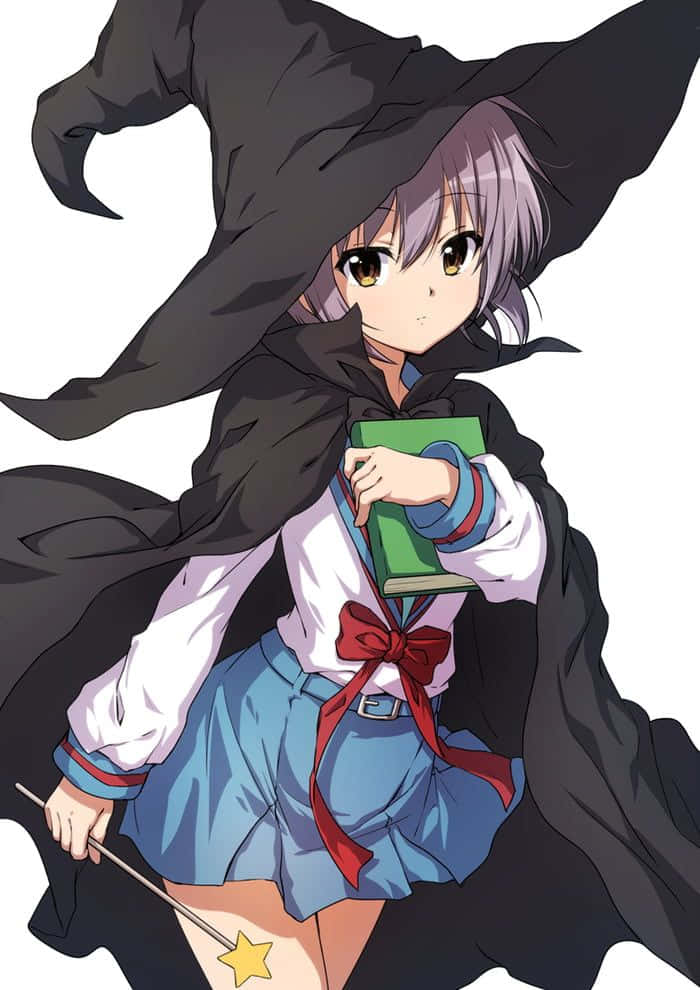 Yuki Nagato, purple hair, black pointed hat, SD Phone Wallpaper