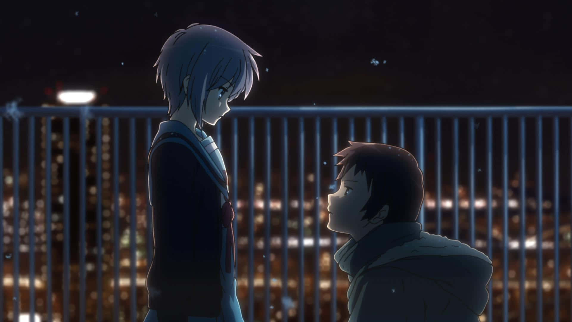 Yuki Nagato, starry night sky, glowing city skyline, Full HD Desktop Wallpaper