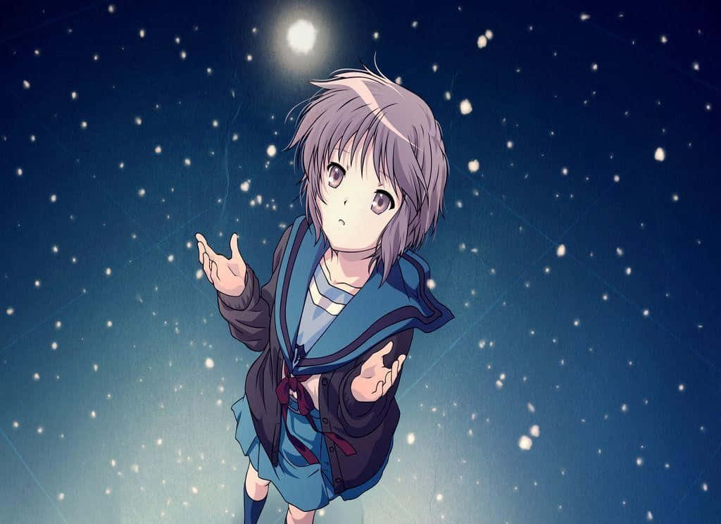 Yuki Nagato, gray hair, bright moon, SD Desktop Wallpaper