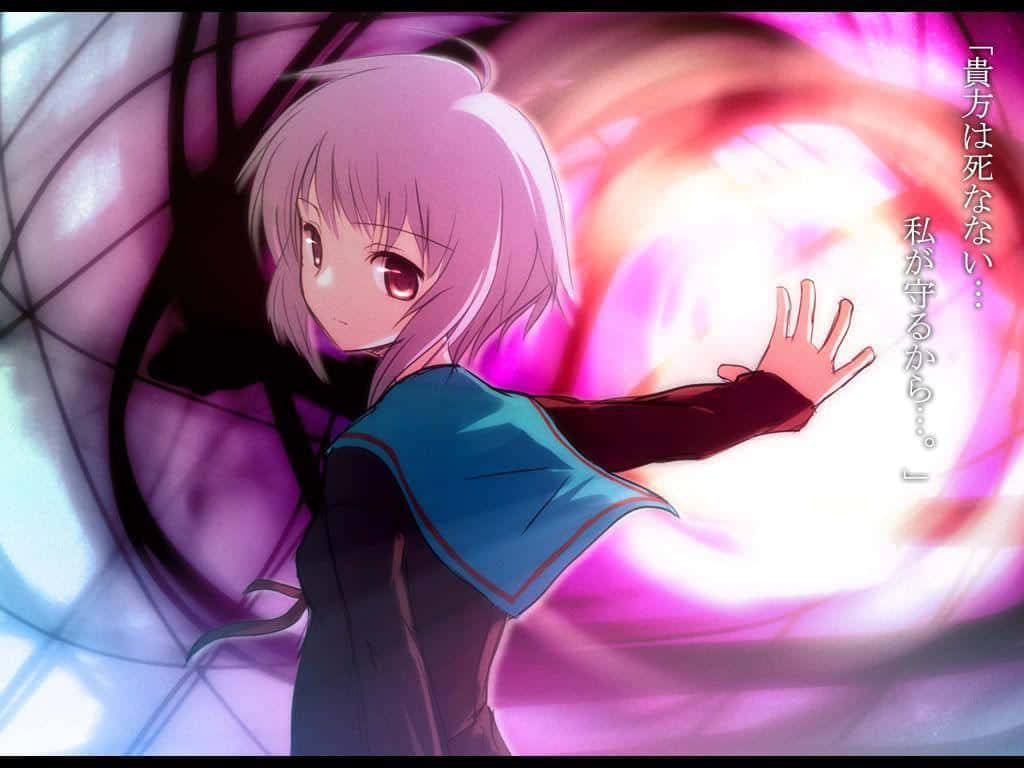 Yuki Nagato, pink-haired anime girl, blue-trimmed outfit, SD Desktop Wallpaper